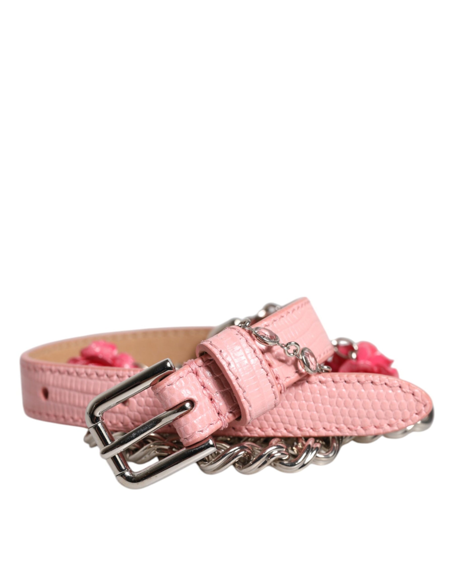 Dolce & Gabbana Pink Embelished Roses Textured Leather Belt | Regal Royce