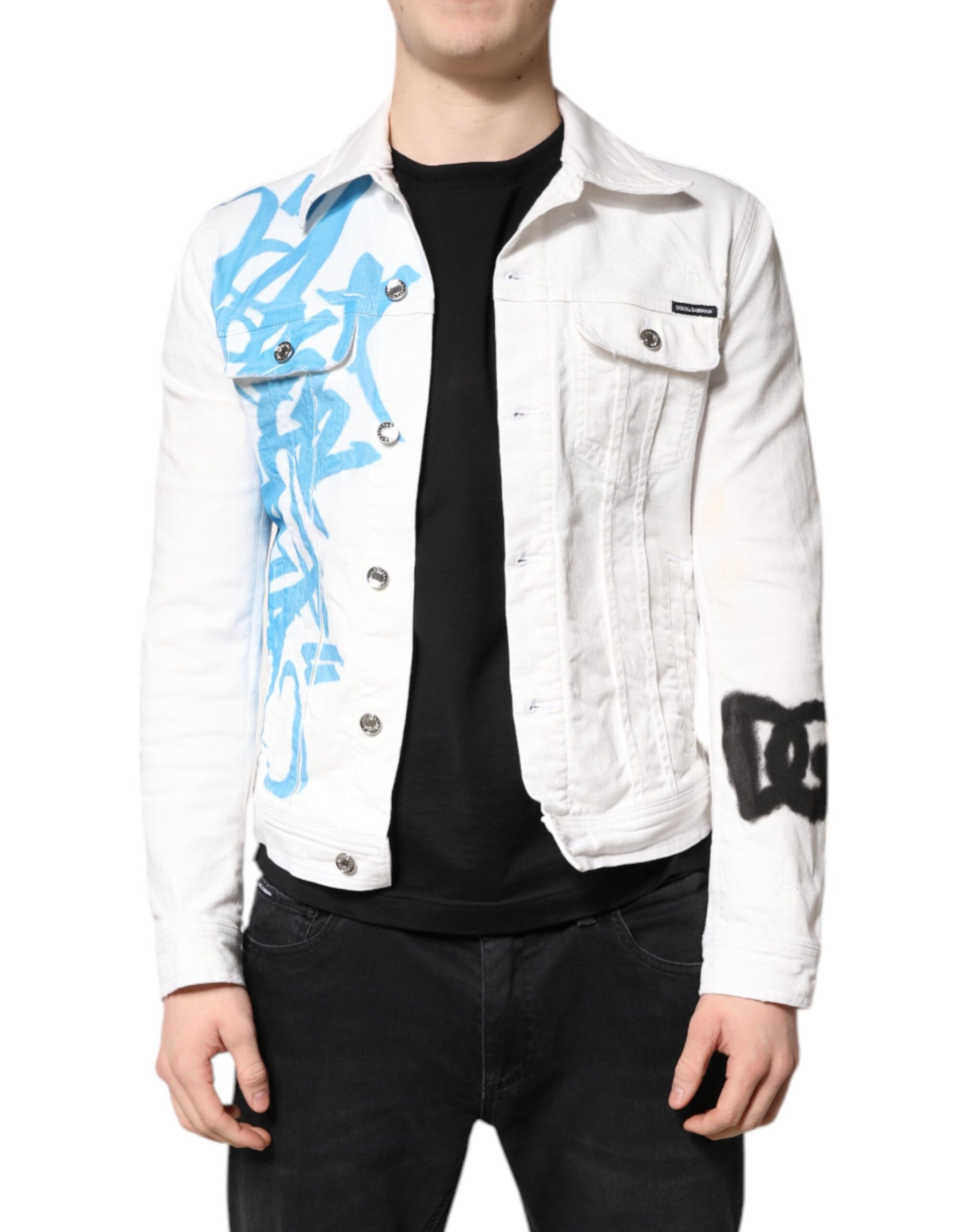 Dolce & Gabbana White Graffiti Cotton Stretch Denim Jacket | Regal Royce