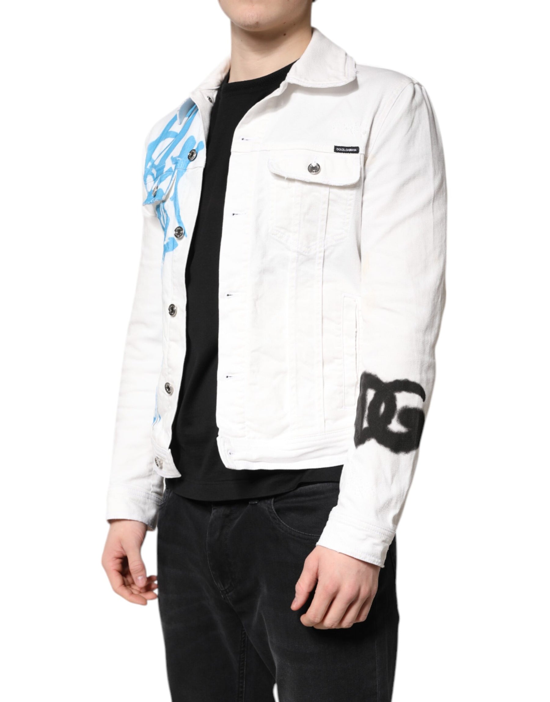 Dolce & Gabbana White Graffiti Cotton Stretch Denim Jacket | Regal Royce