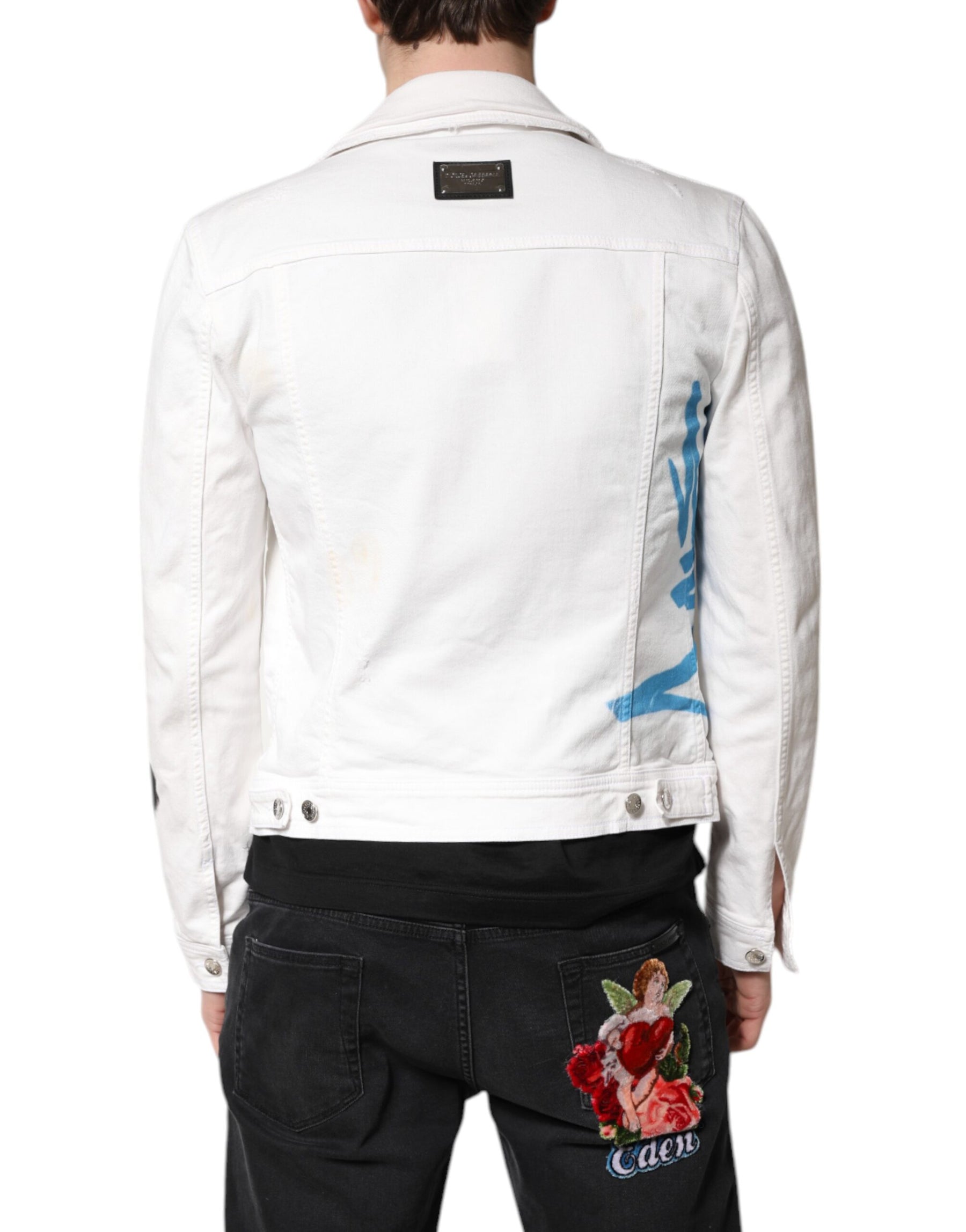 Dolce & Gabbana White Graffiti Cotton Stretch Denim Jacket | Regal Royce