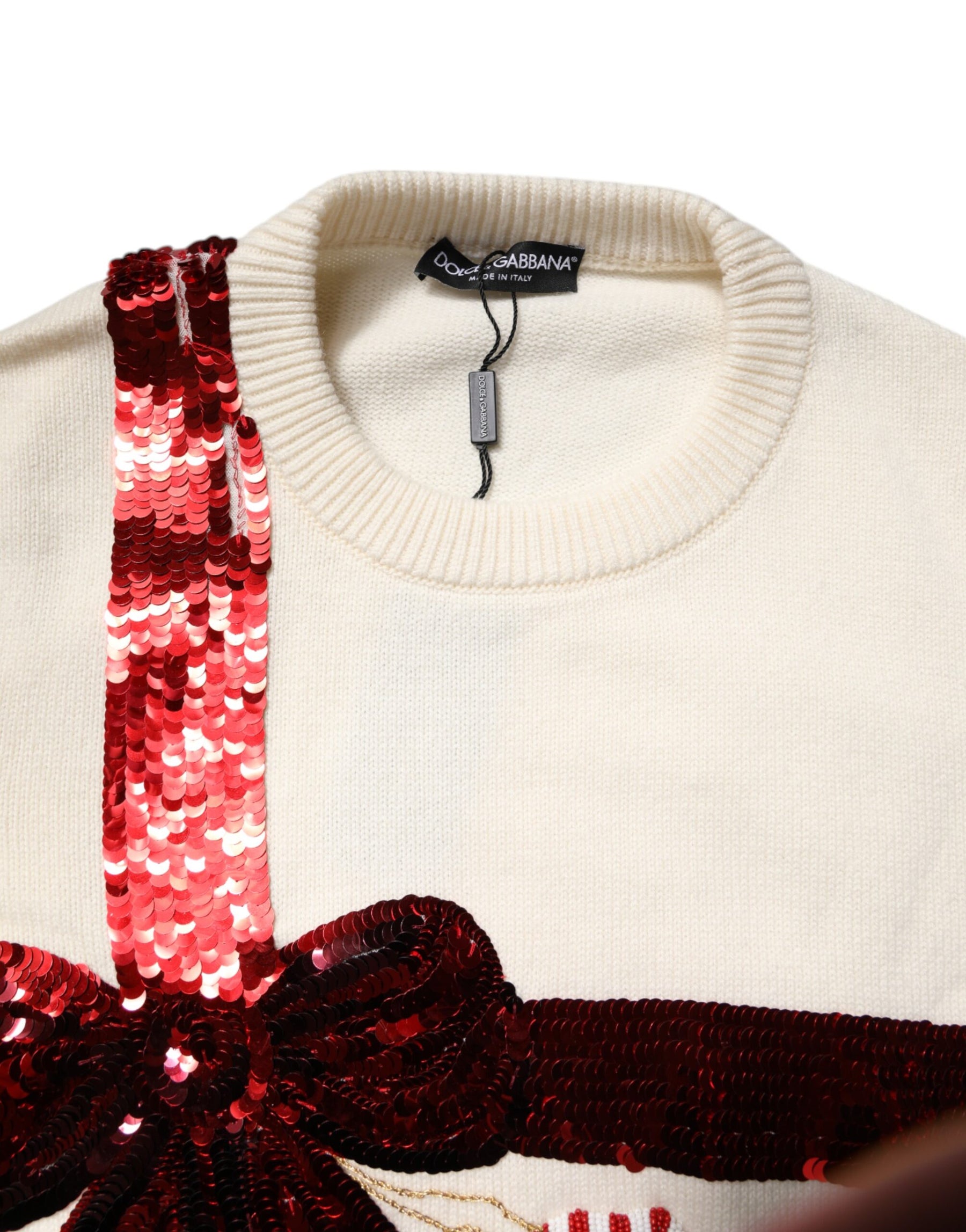 Dolce & Gabbana White Sequined Crew Neck Pullover Sweater | Regal Royce