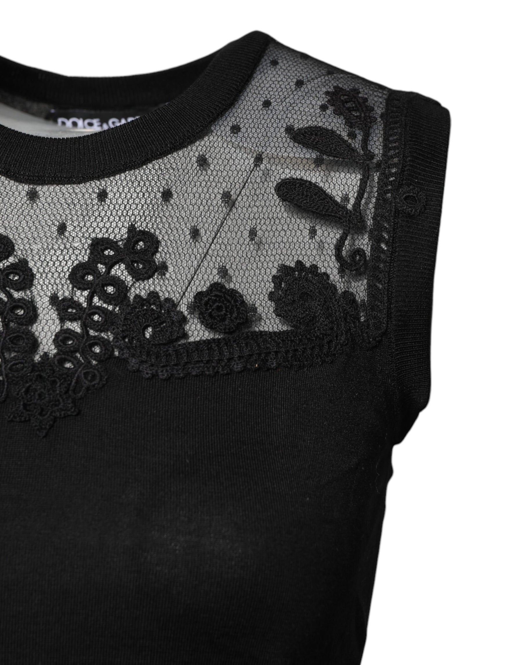 Dolce & Gabbana Black Lace Sheer Crew Neck Sleeveless Top | Regal Royce