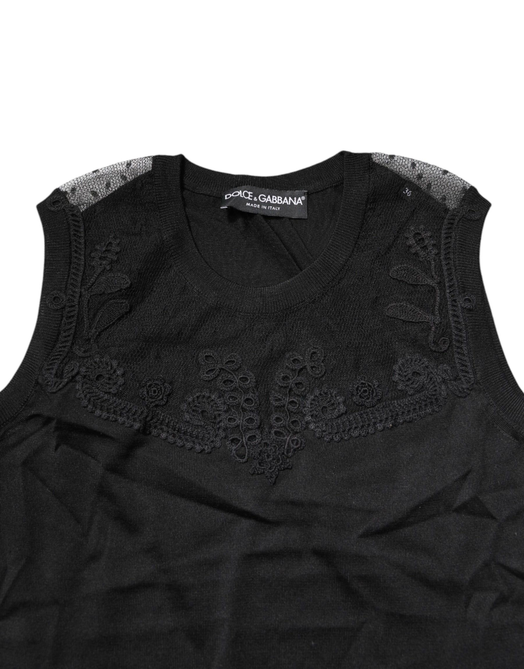 Dolce & Gabbana Black Lace Sheer Crew Neck Sleeveless Top | Regal Royce
