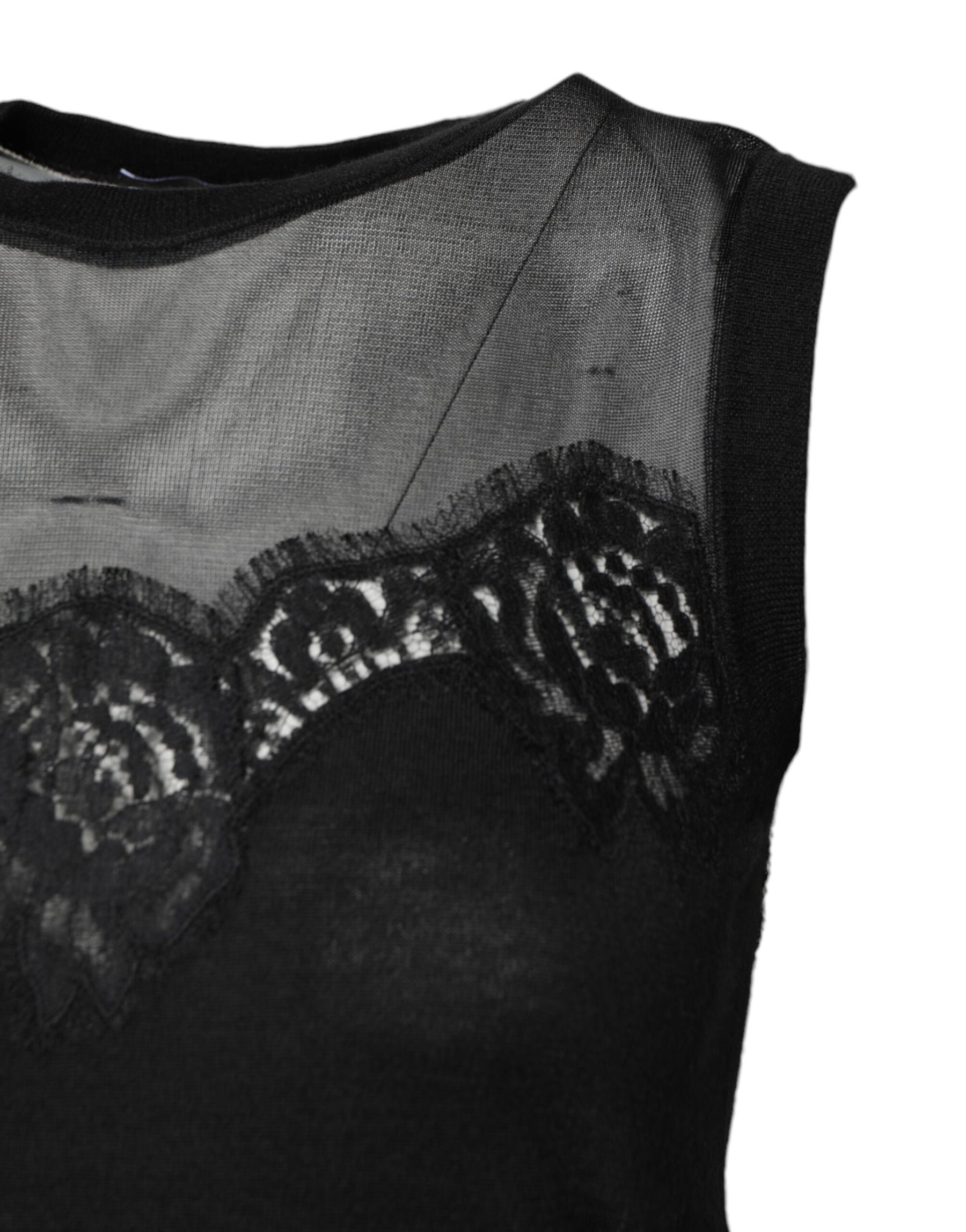 Dolce & Gabbana Black Lace Sheer Crew Neck Sleeveless Top | Regal Royce