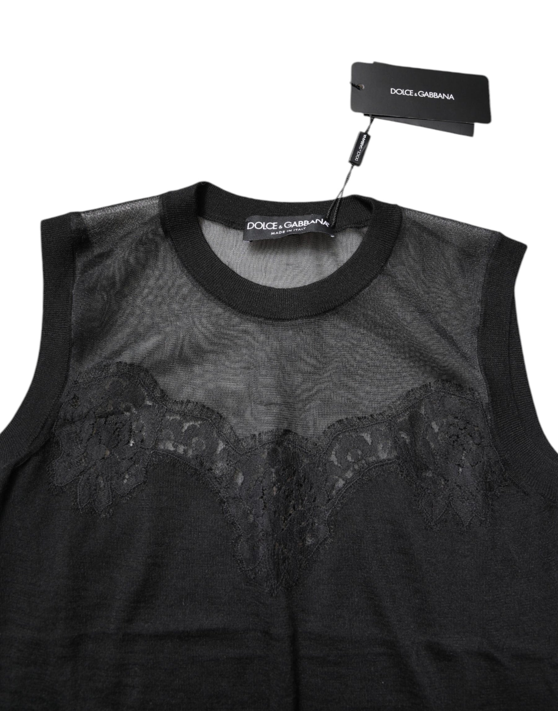 Dolce & Gabbana Black Lace Sheer Crew Neck Sleeveless Top | Regal Royce
