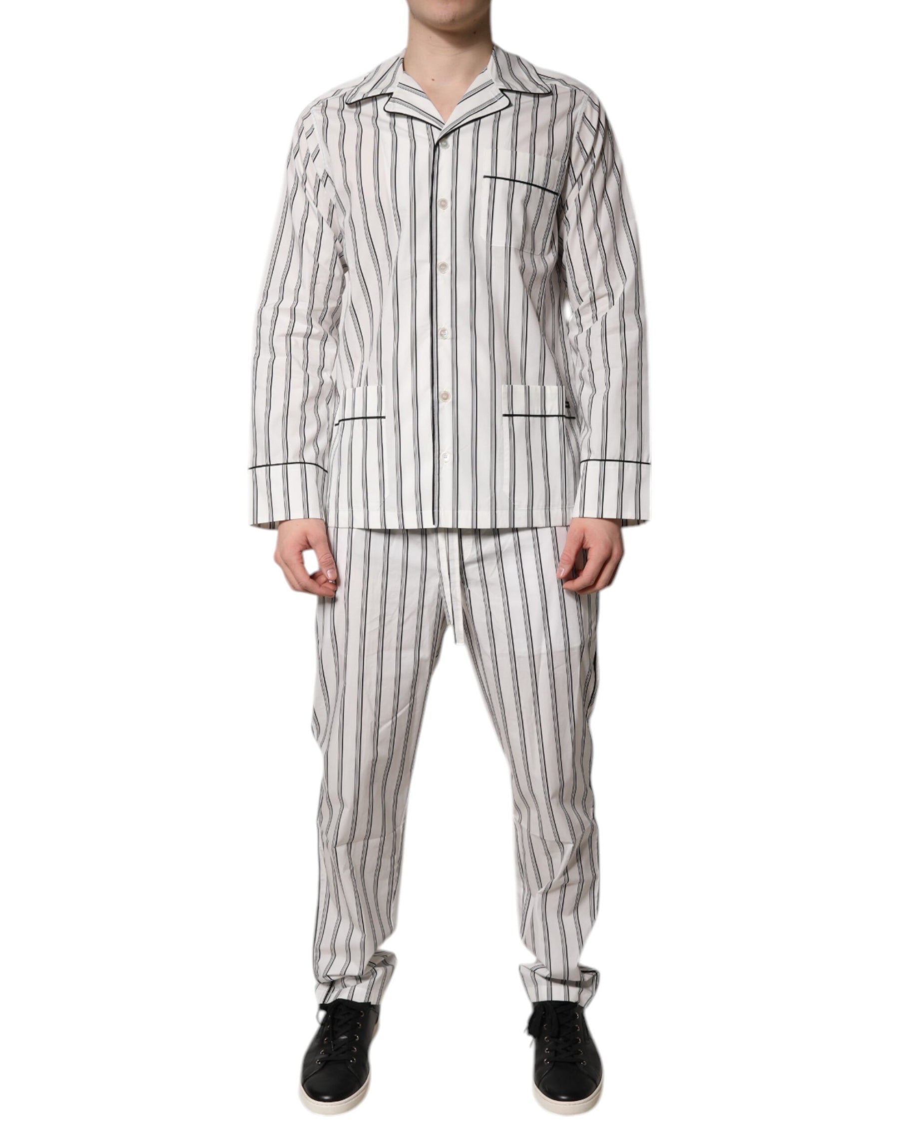 Dolce & Gabbana White Black Stripes Cotton Men Pajama Set Sleepwear | Regal Royce