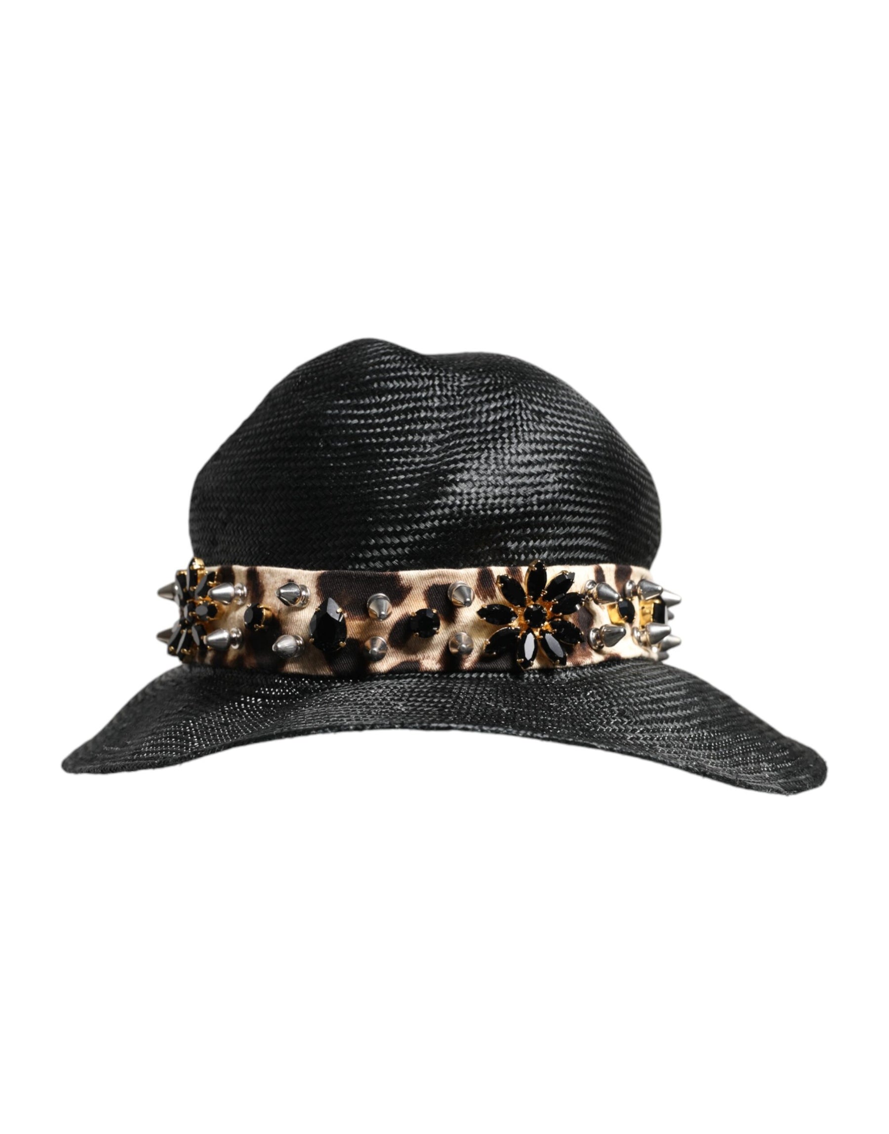 Dolce & Gabbana Black Straw Crystal Embellished Wide Brim Hat | Regal Royce