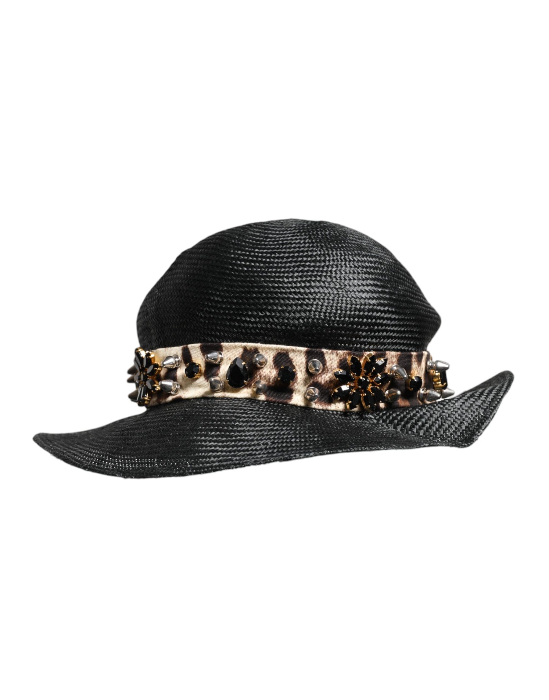 Dolce & Gabbana Black Straw Crystal Embellished Wide Brim Hat | Regal Royce
