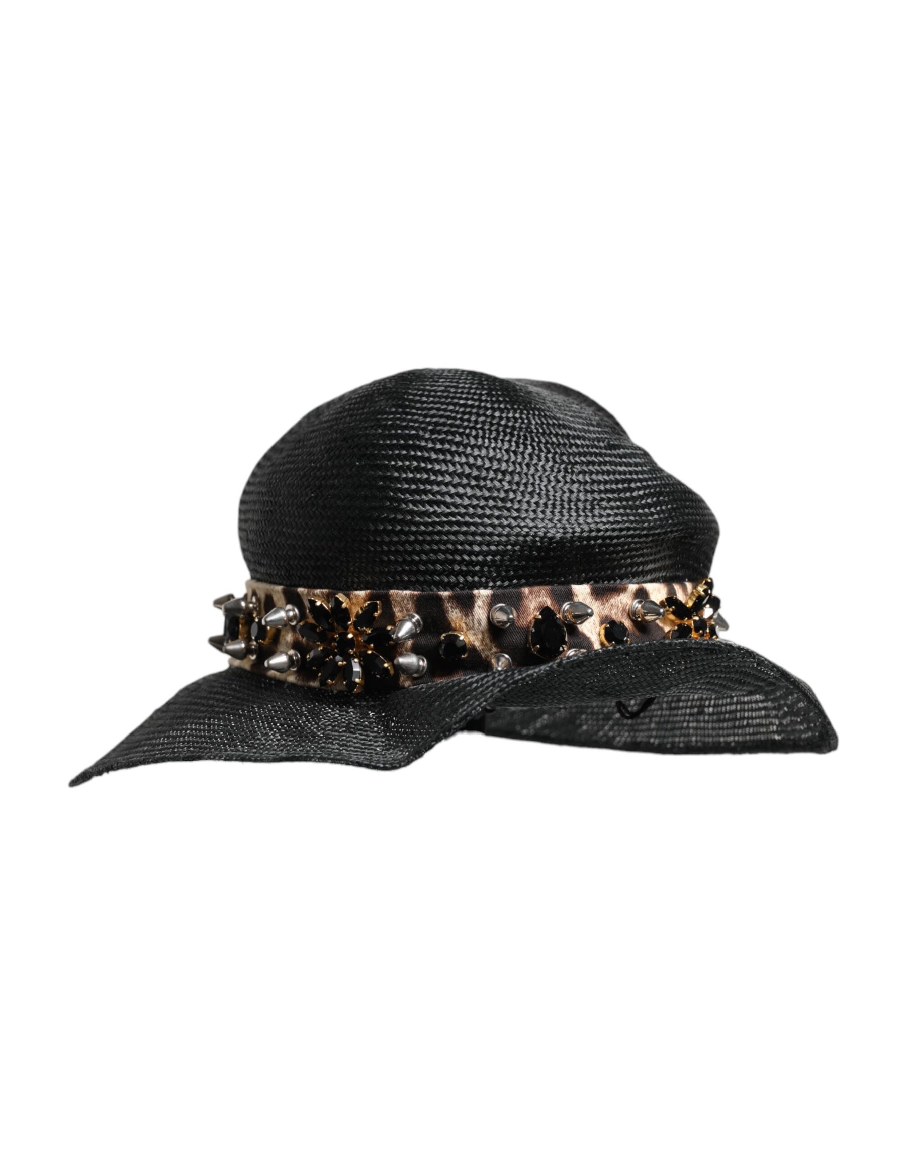 Dolce & Gabbana Black Straw Crystal Embellished Wide Brim Hat | Regal Royce