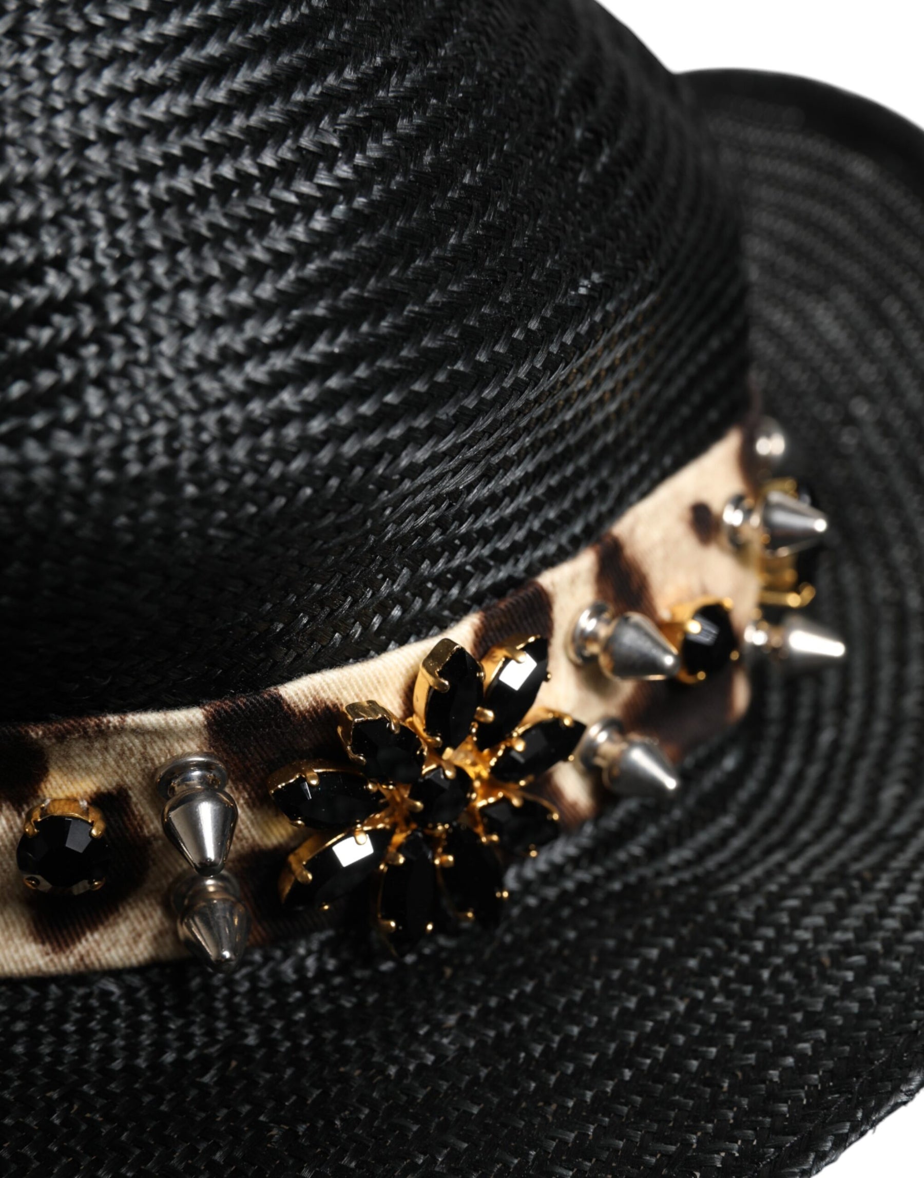 Dolce & Gabbana Black Straw Crystal Embellished Wide Brim Hat | Regal Royce