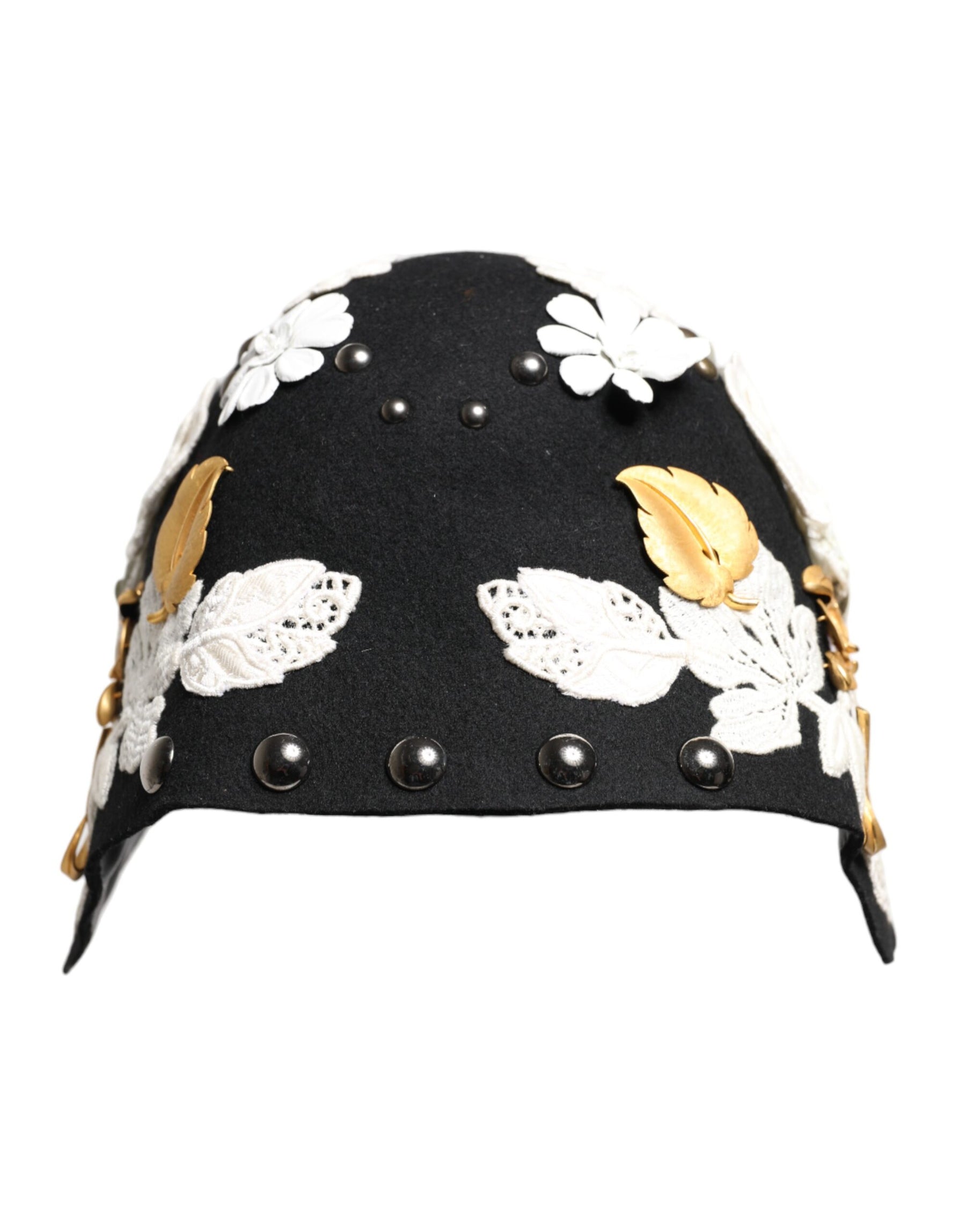 Dolce & Gabbana Black Wool White Floral Gold Leaf Cloche Hat | Regal Royce