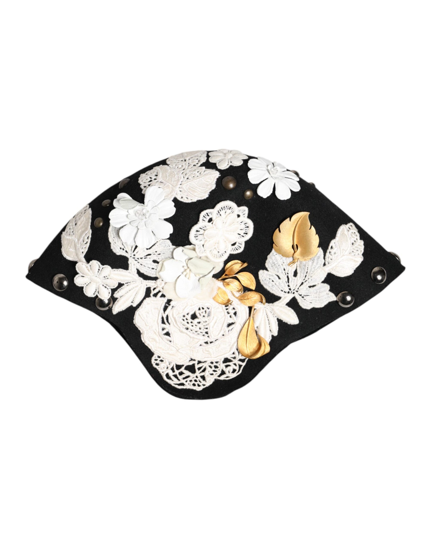 Dolce & Gabbana Black Wool White Floral Gold Leaf Cloche Hat | Regal Royce