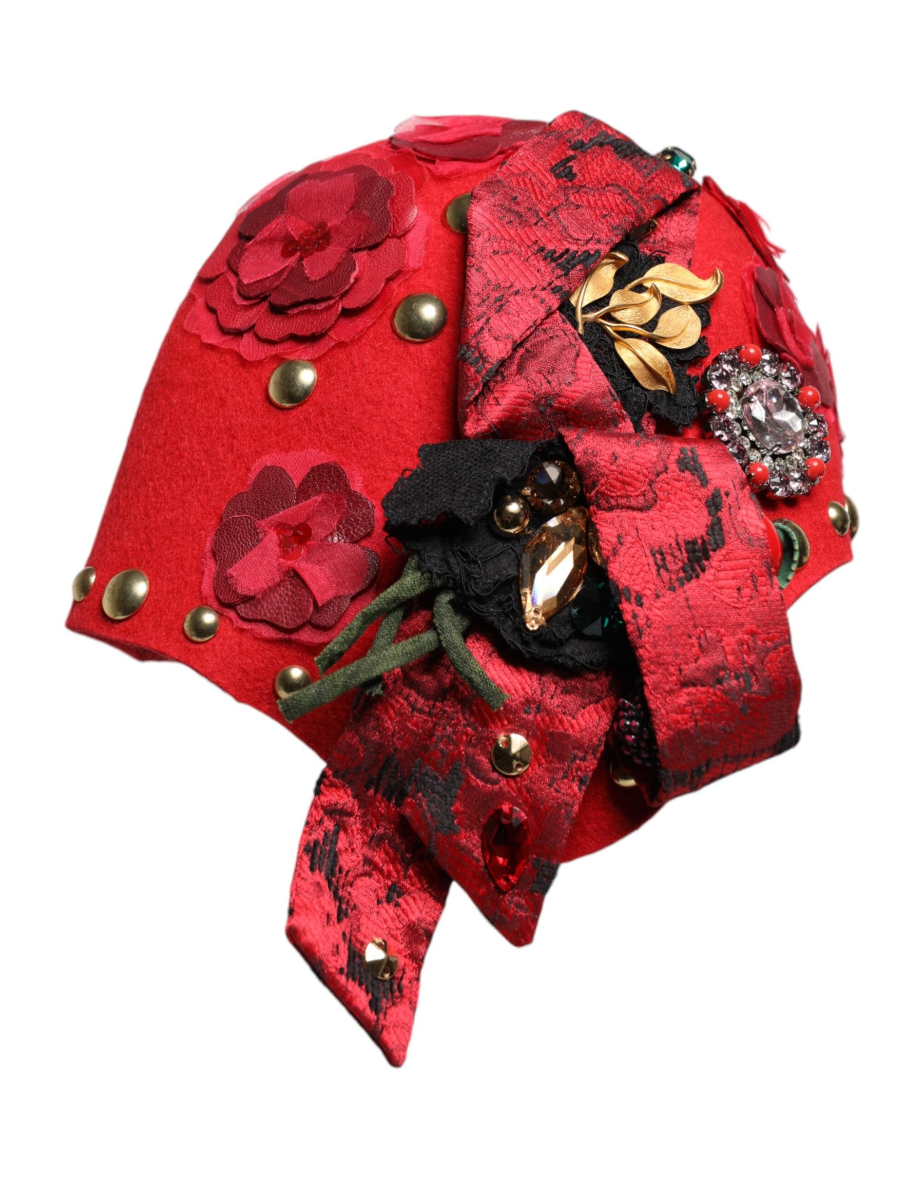 Dolce & Gabbana Red Crystal Gold Roses Brooch Embellished Hat | Regal Royce