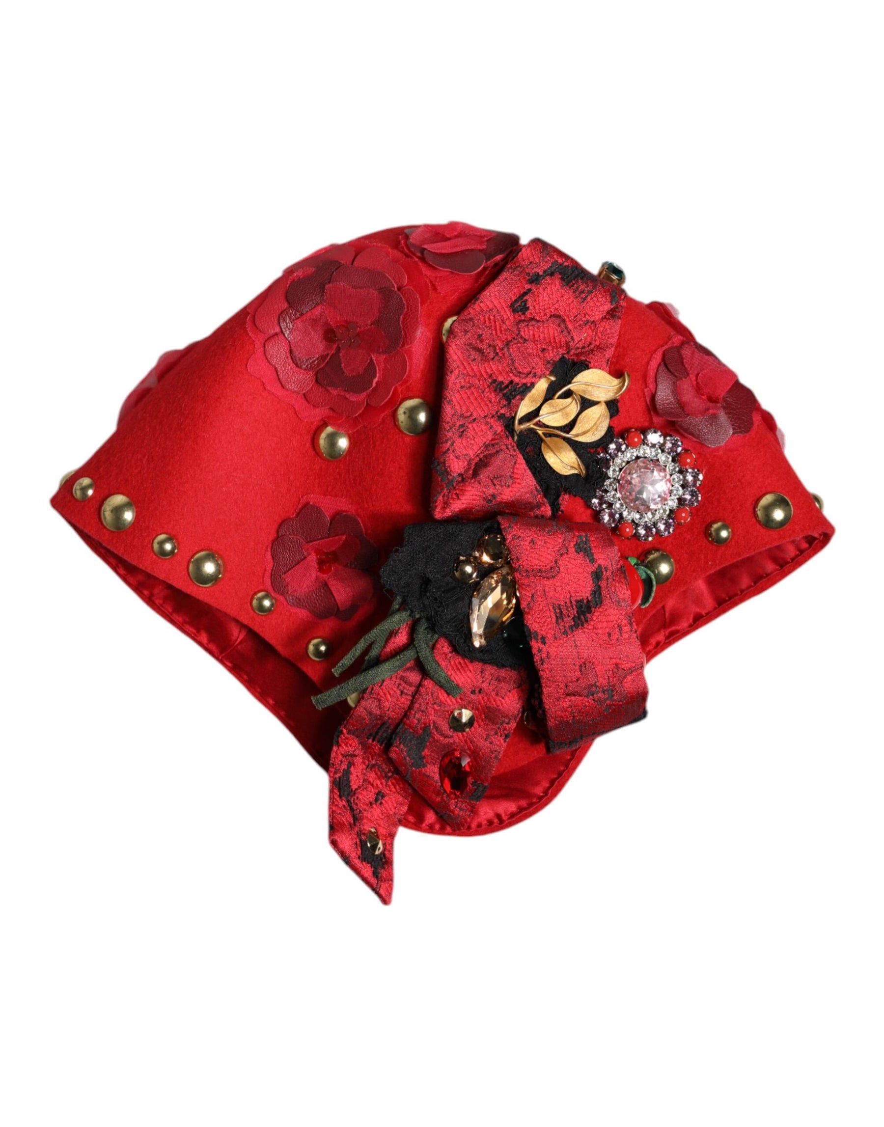 Dolce & Gabbana Red Crystal Gold Roses Brooch Embellished Hat | Regal Royce