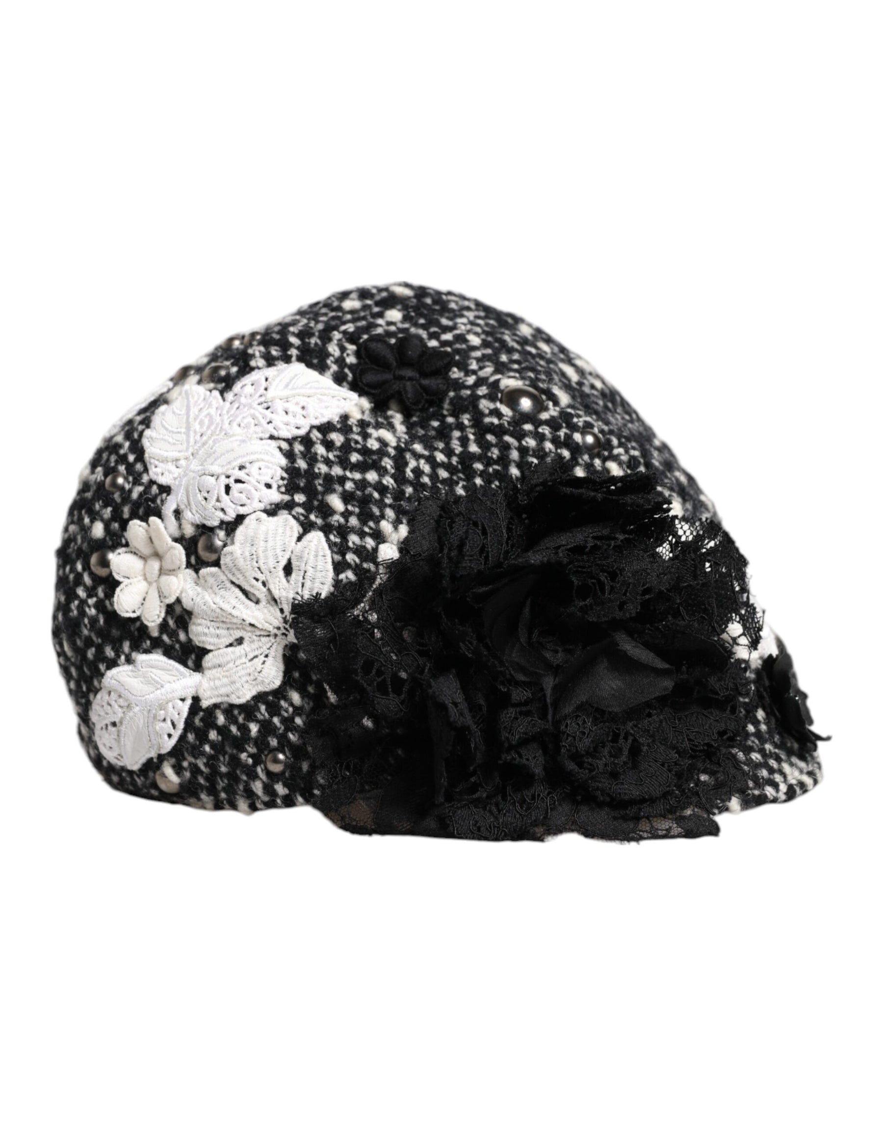Dolce & Gabbana Black Wool White Floral Embellished Cloche Hat | Regal Royce