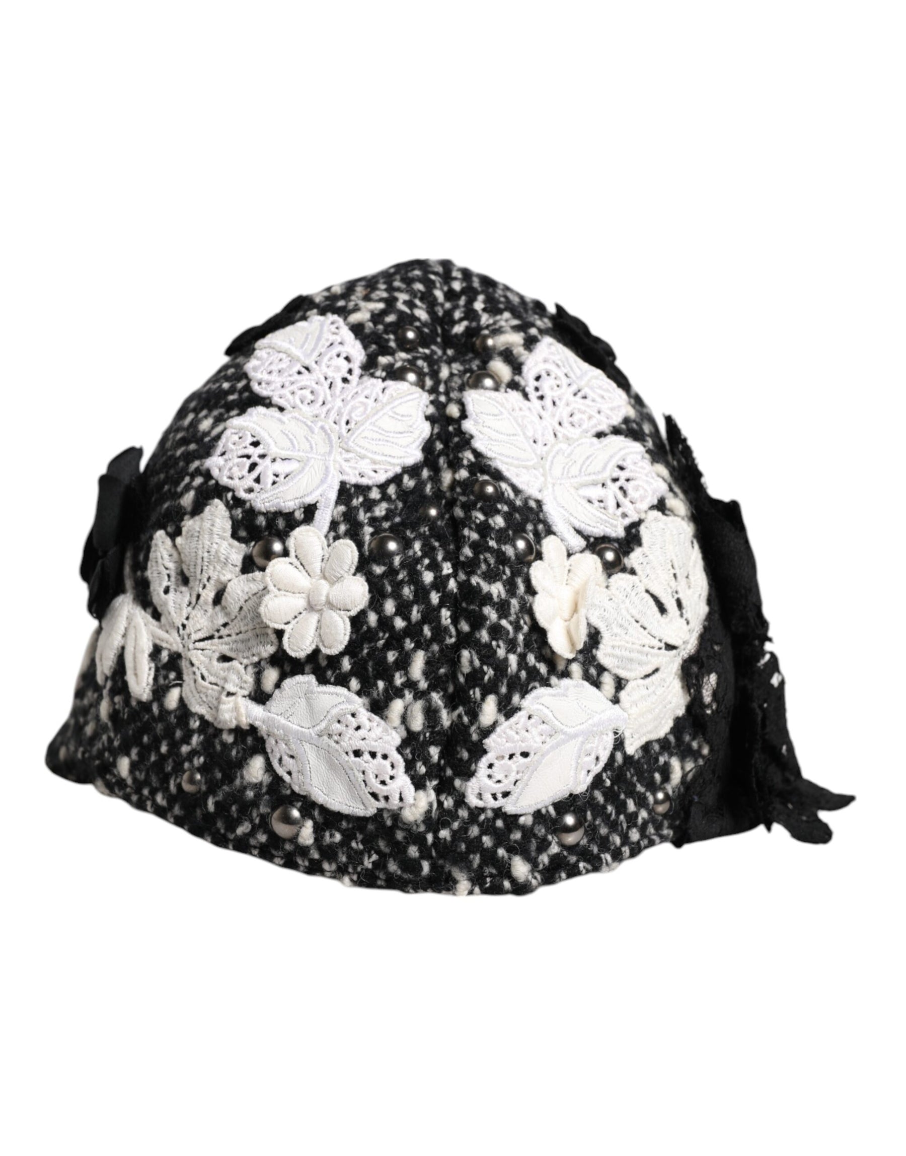 Dolce & Gabbana Black Wool White Floral Embellished Cloche Hat | Regal Royce