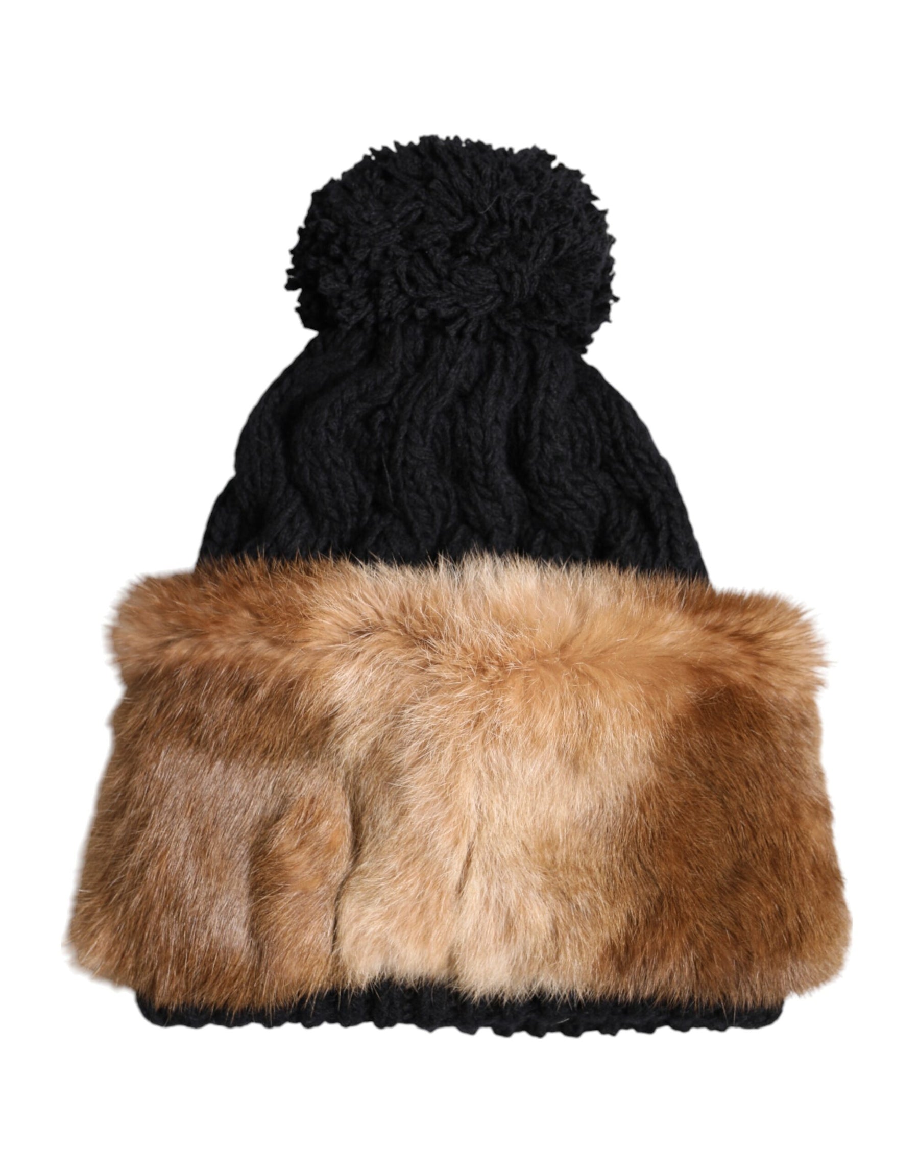 Dolce & Gabbana Black Brown Dyed Rabbit Real Fur Winter Beanie Hat | Regal Royce