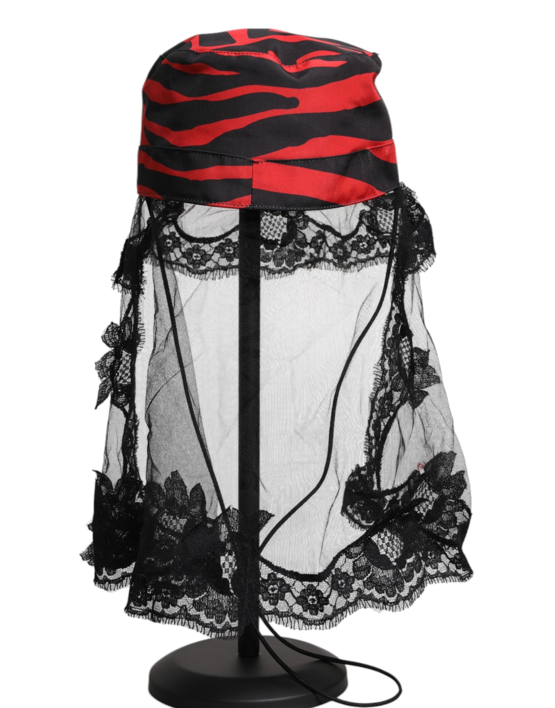 Dolce & Gabbana Black Red Stripes Lace Tulle Bucket Hat | Regal Royce