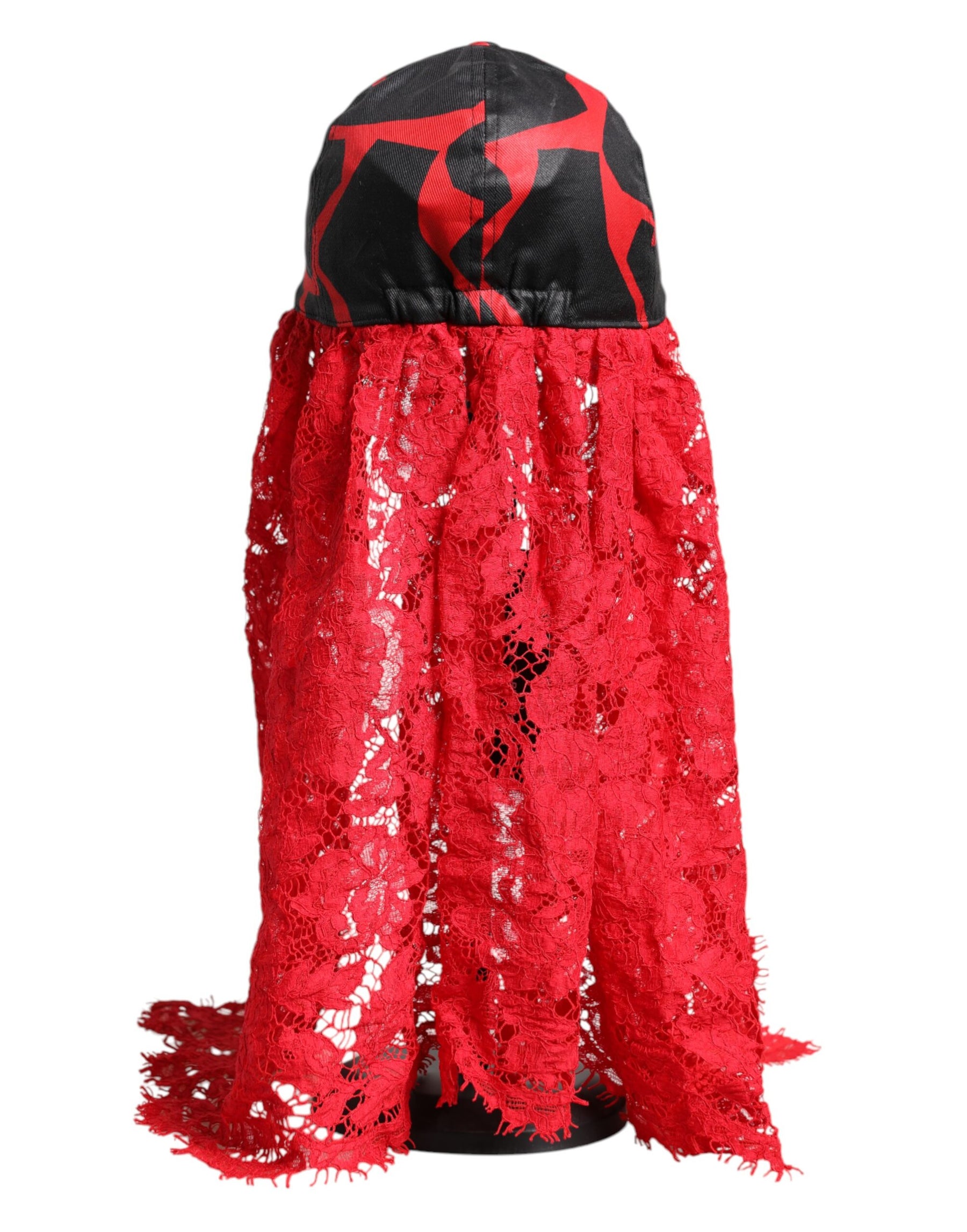 Dolce & Gabbana Red Black Lace Tulle Cotton Baseball Cap | Regal Royce