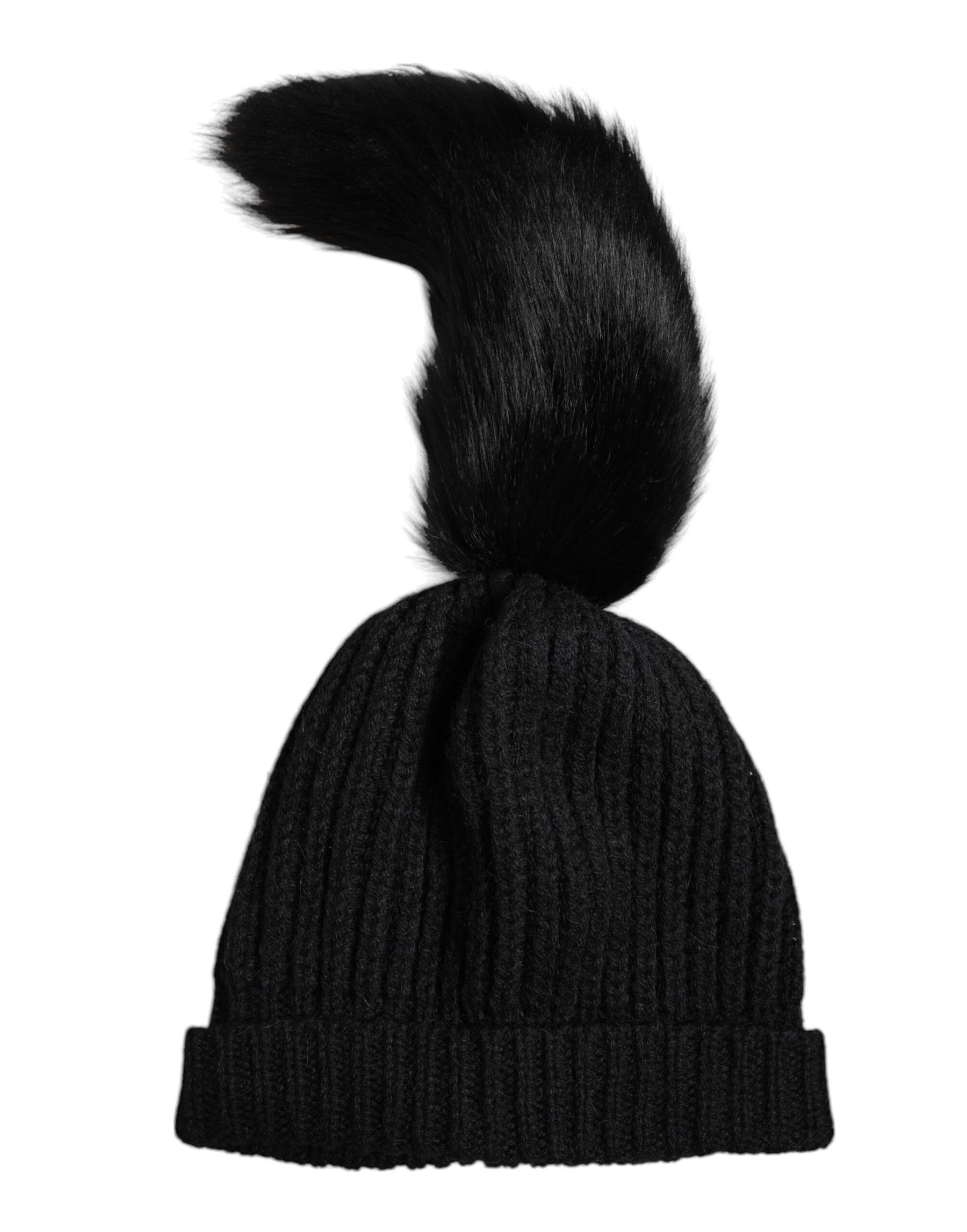 Dolce & Gabbana Black Acrylic Knitted Fur Winter Beanie Hat | Regal Royce