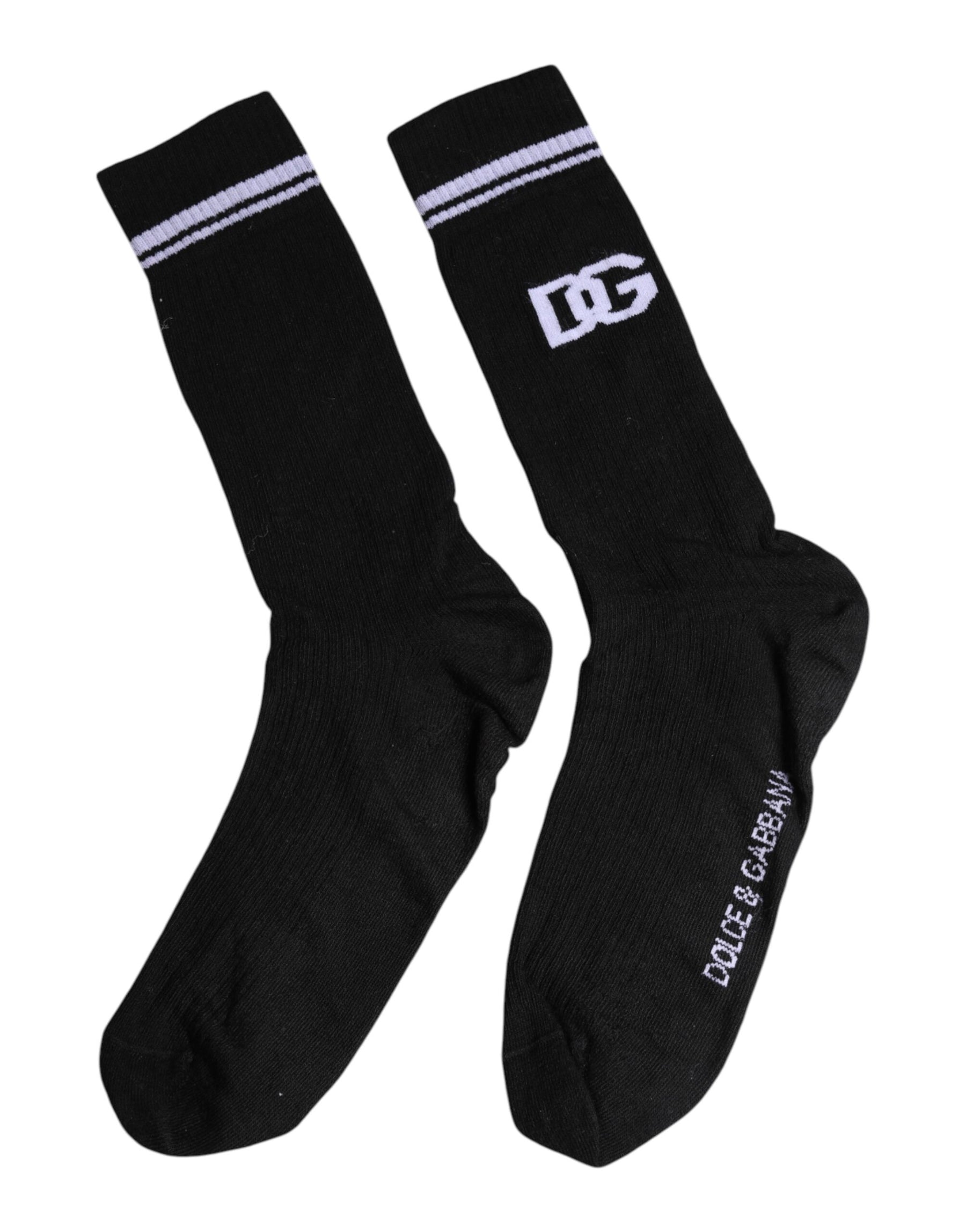 Dolce & Gabbana Black Cotton Logo Mid Calf Men Socks | Regal Royce