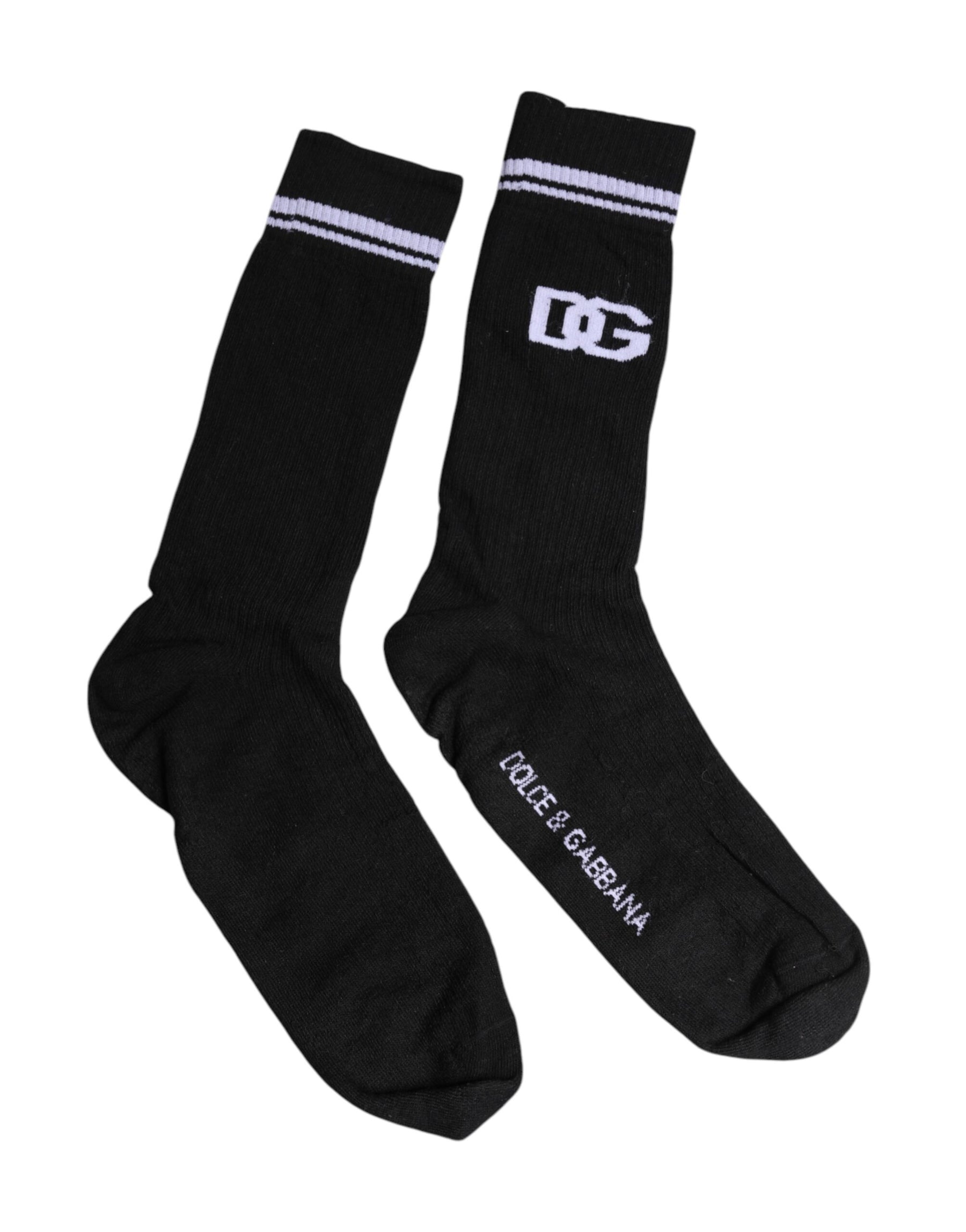 Dolce & Gabbana Black Cotton Logo Mid Calf Men Socks | Regal Royce