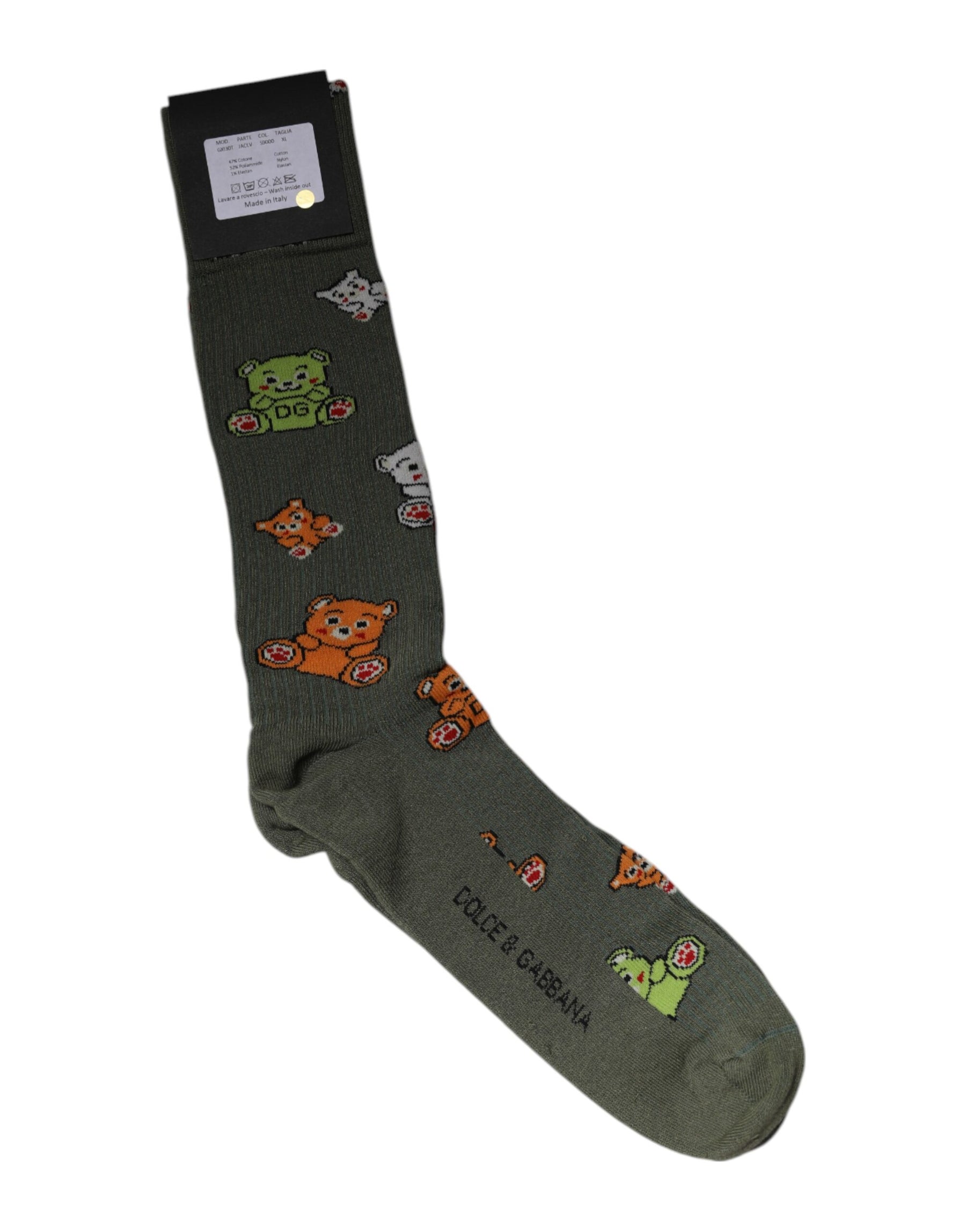 Dolce & Gabbana Green Nylon DG Bear Printed Mid Calf Socks | Regal Royce