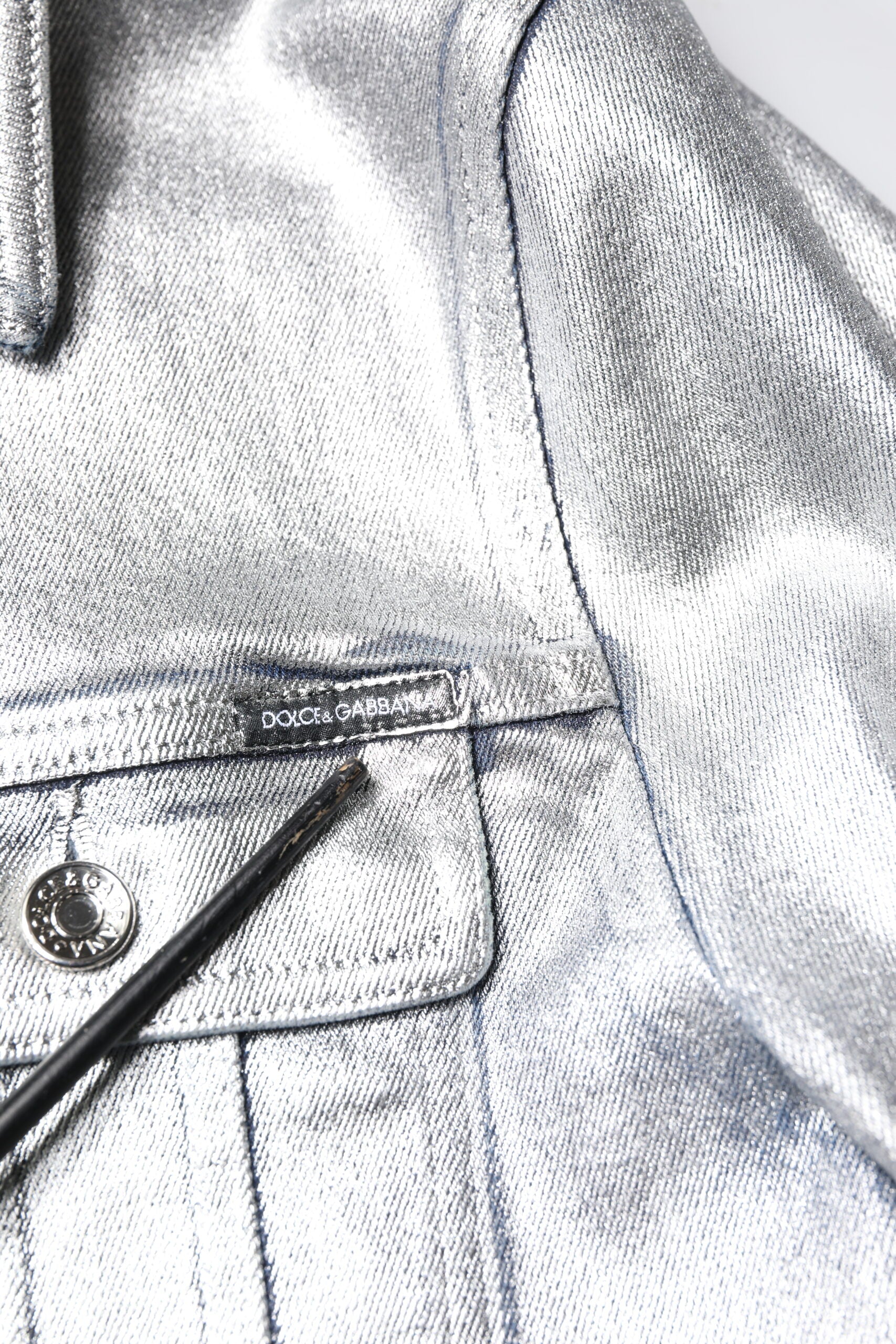 Dolce & Gabbana Silver Cotton Button Down Denim Biker Jacket | Regal Royce