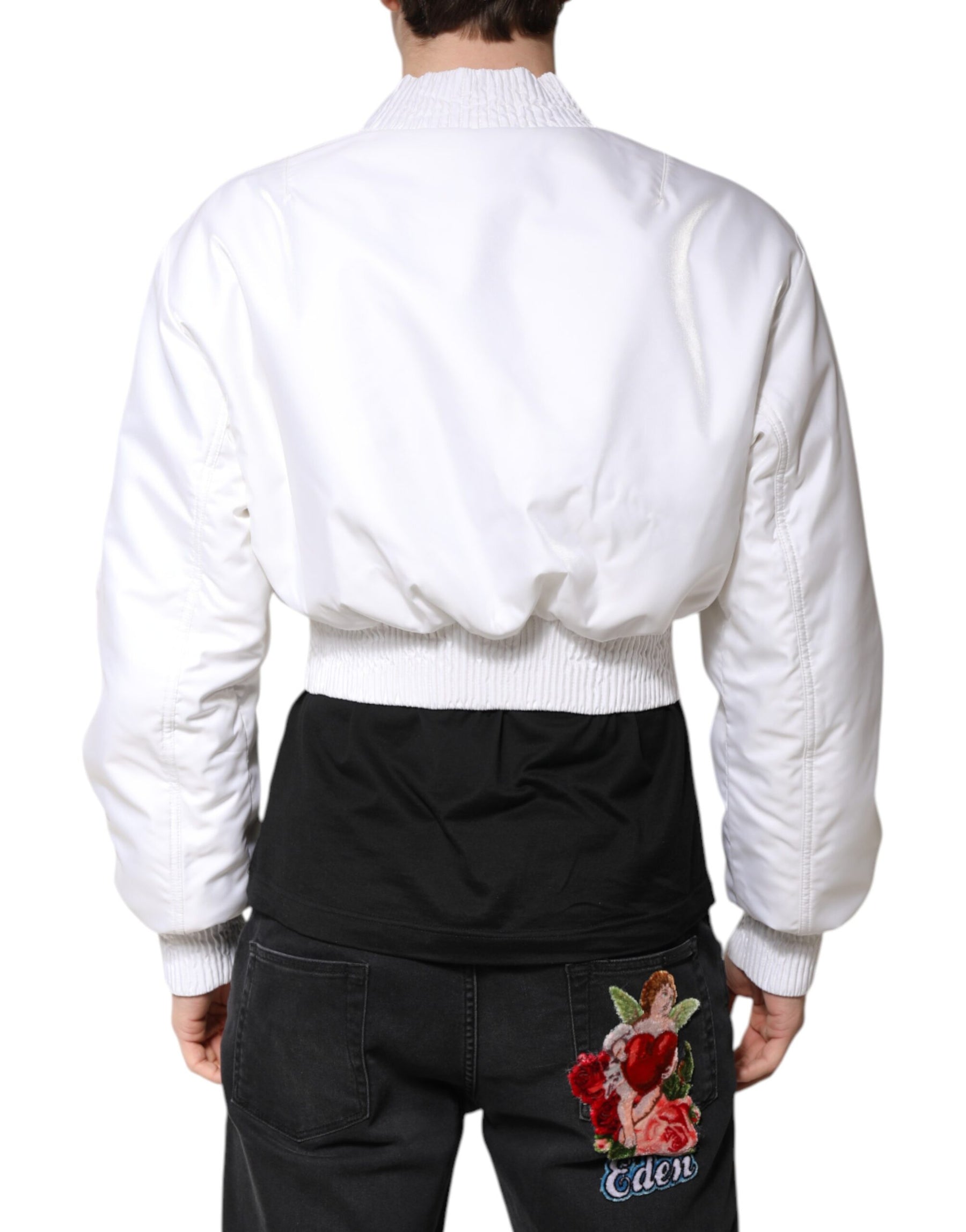 Dolce & Gabbana White Nylon Full Zip Cropped Bomber Jacket | Regal Royce