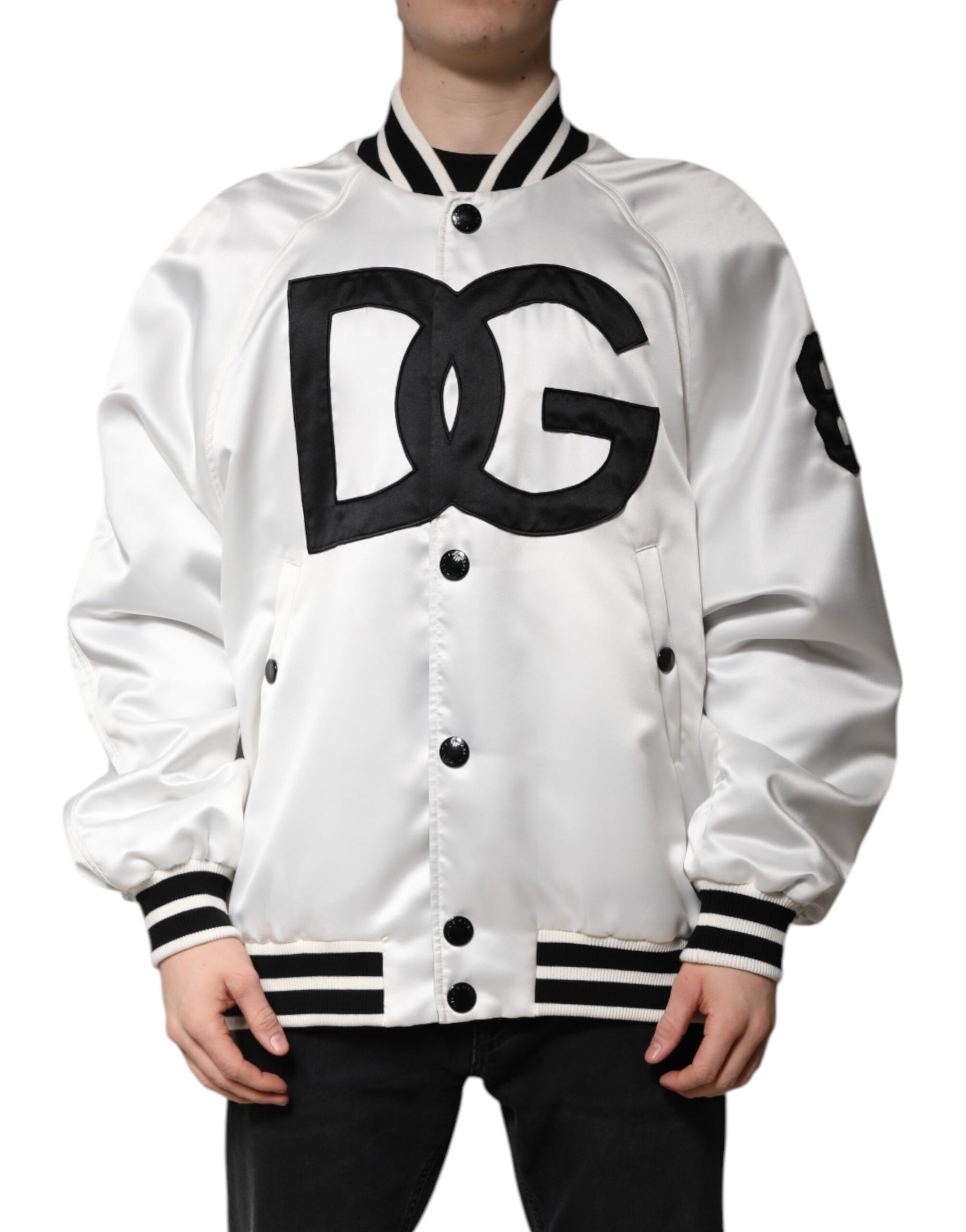 Dolce & Gabbana White DG Logo Polyester Jersey Bomber Jacket | Regal Royce