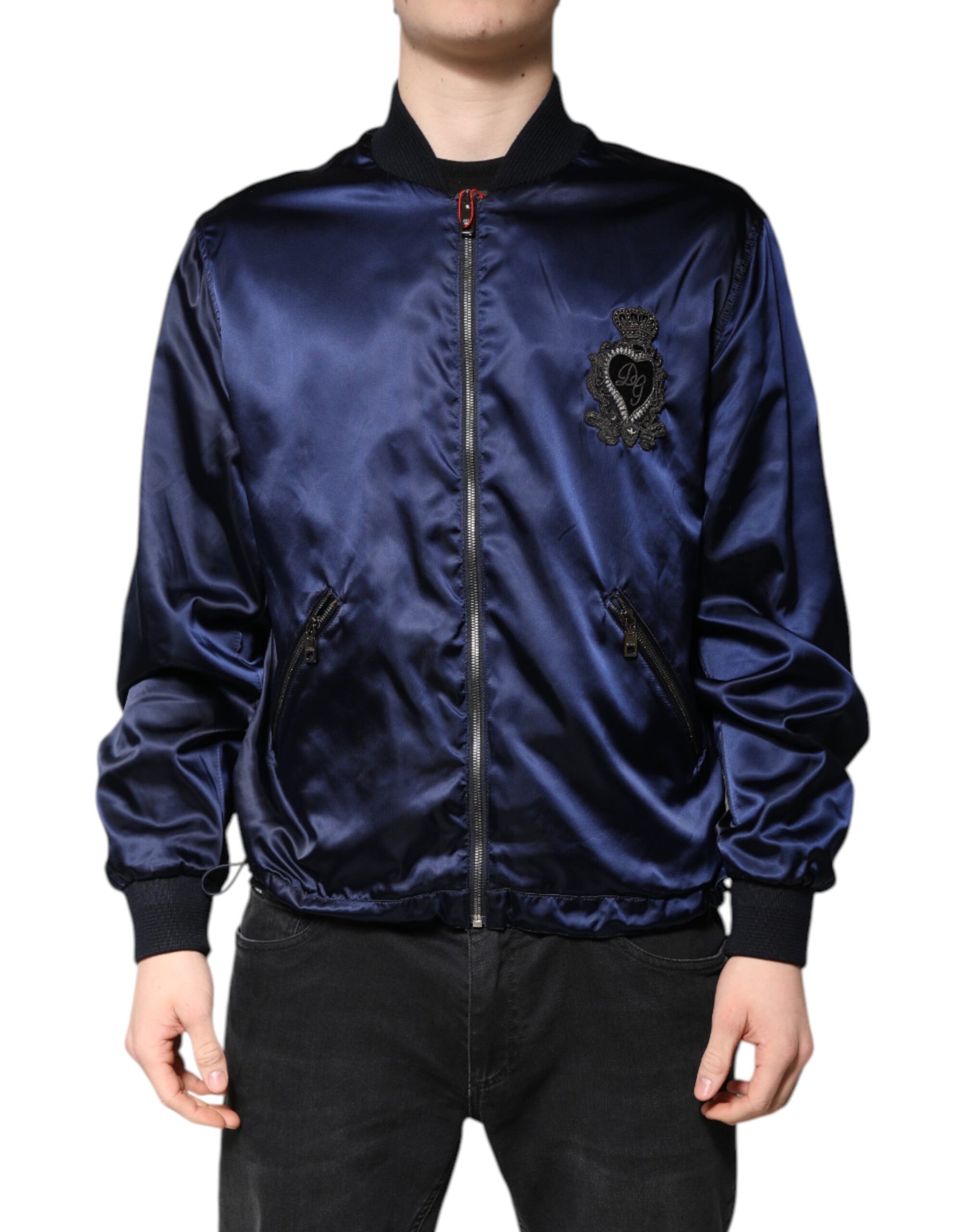 Dolce & Gabbana Blue Nylon DG Crown Full Zip Bomber Jacket | Regal Royce