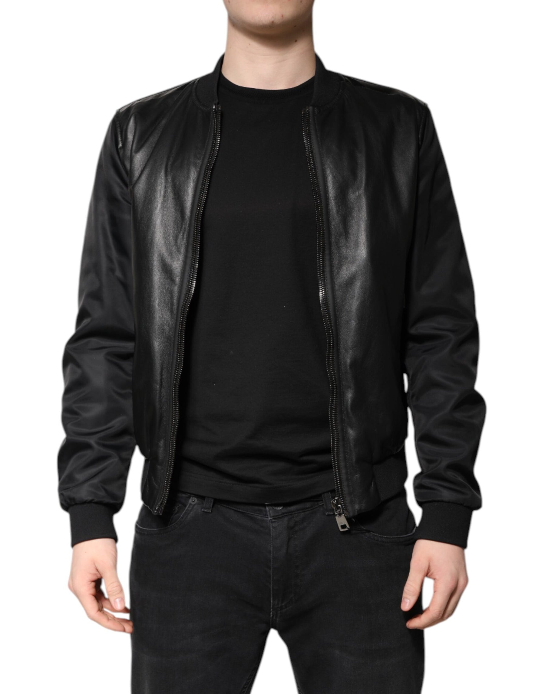 Dolce & Gabbana Black Lambskin Leather Biker Full Zip Jacket | Regal Royce