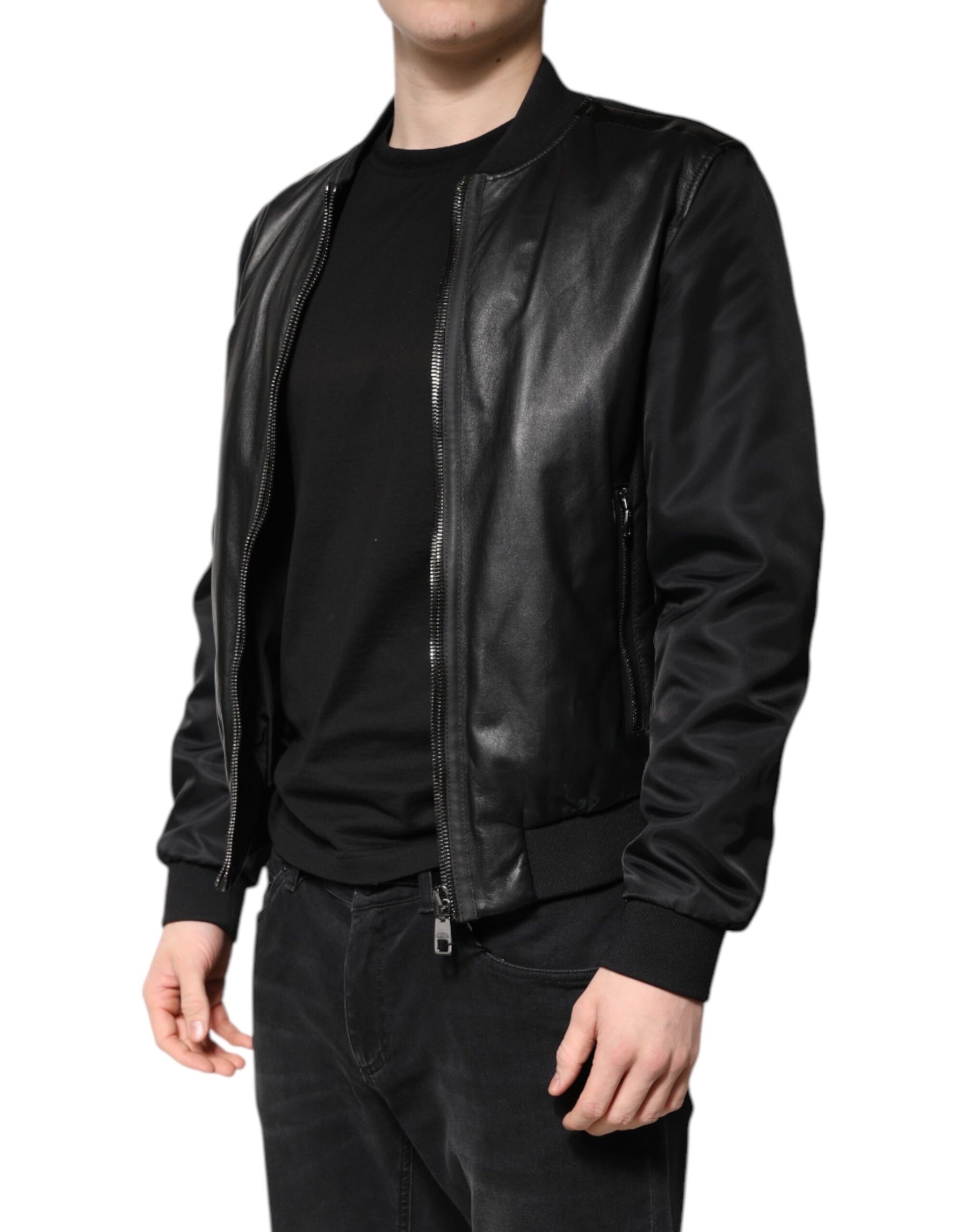 Dolce & Gabbana Black Lambskin Leather Biker Full Zip Jacket | Regal Royce