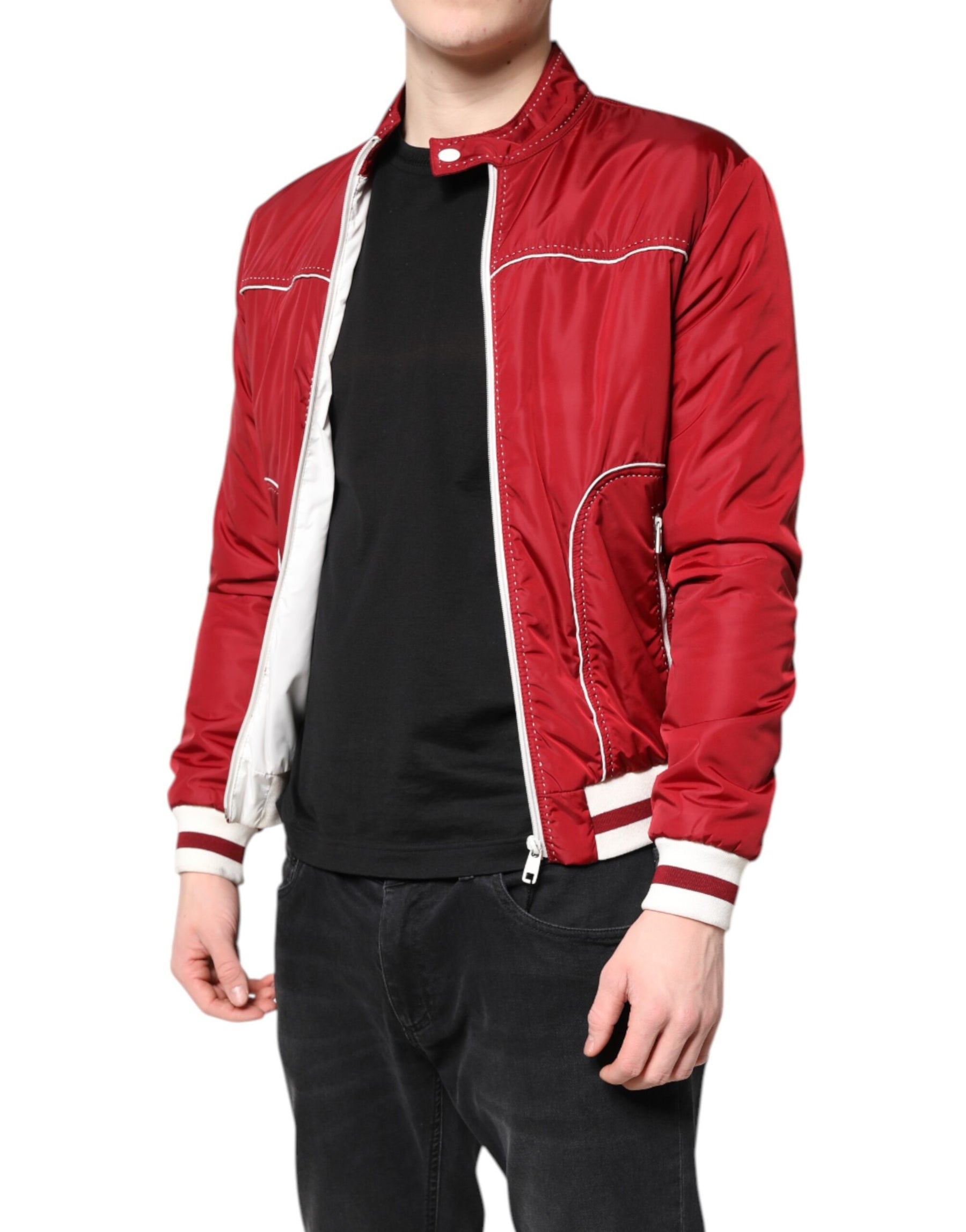 Dolce & Gabbana Red White Nylon Full Zip Men Bomber Jacket | Regal Royce