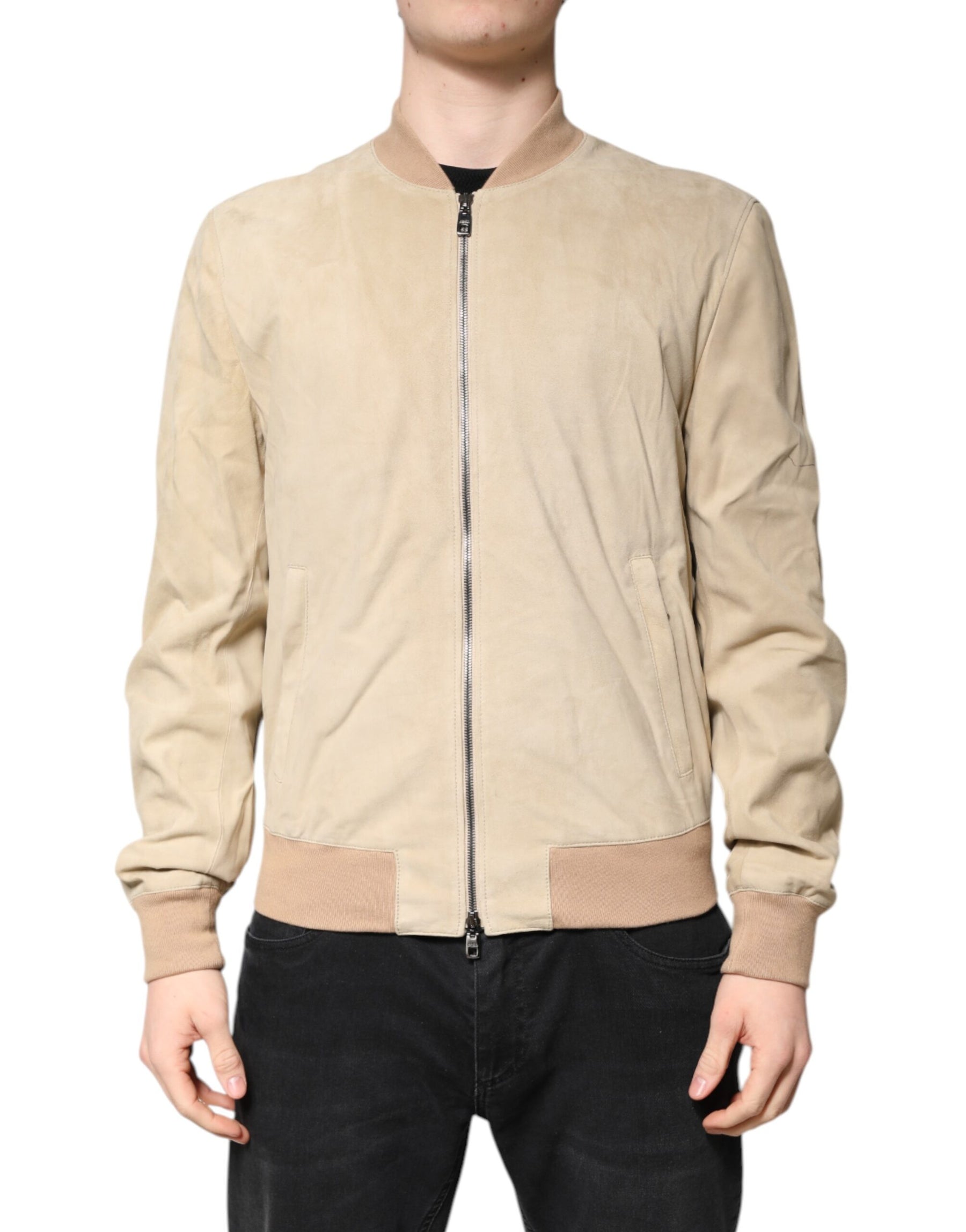 Dolce & Gabbana Beige Lambskin Full Zip Men Bomber Jacket | Regal Royce