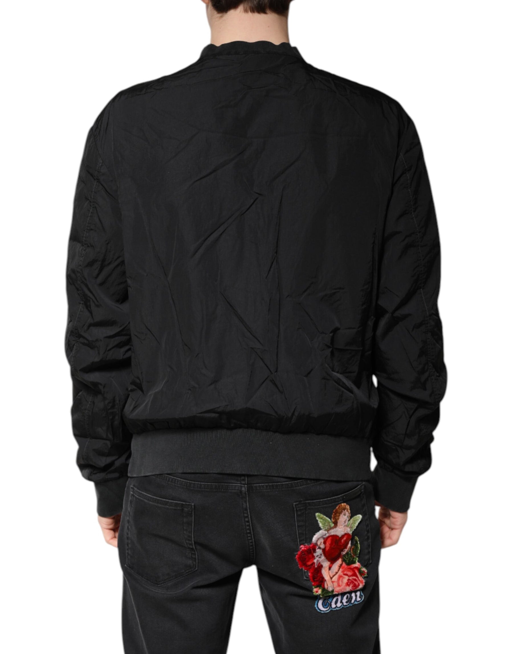 Dolce & Gabbana Black Nylon Logo Full Zip Bomber Jacket | Regal Royce