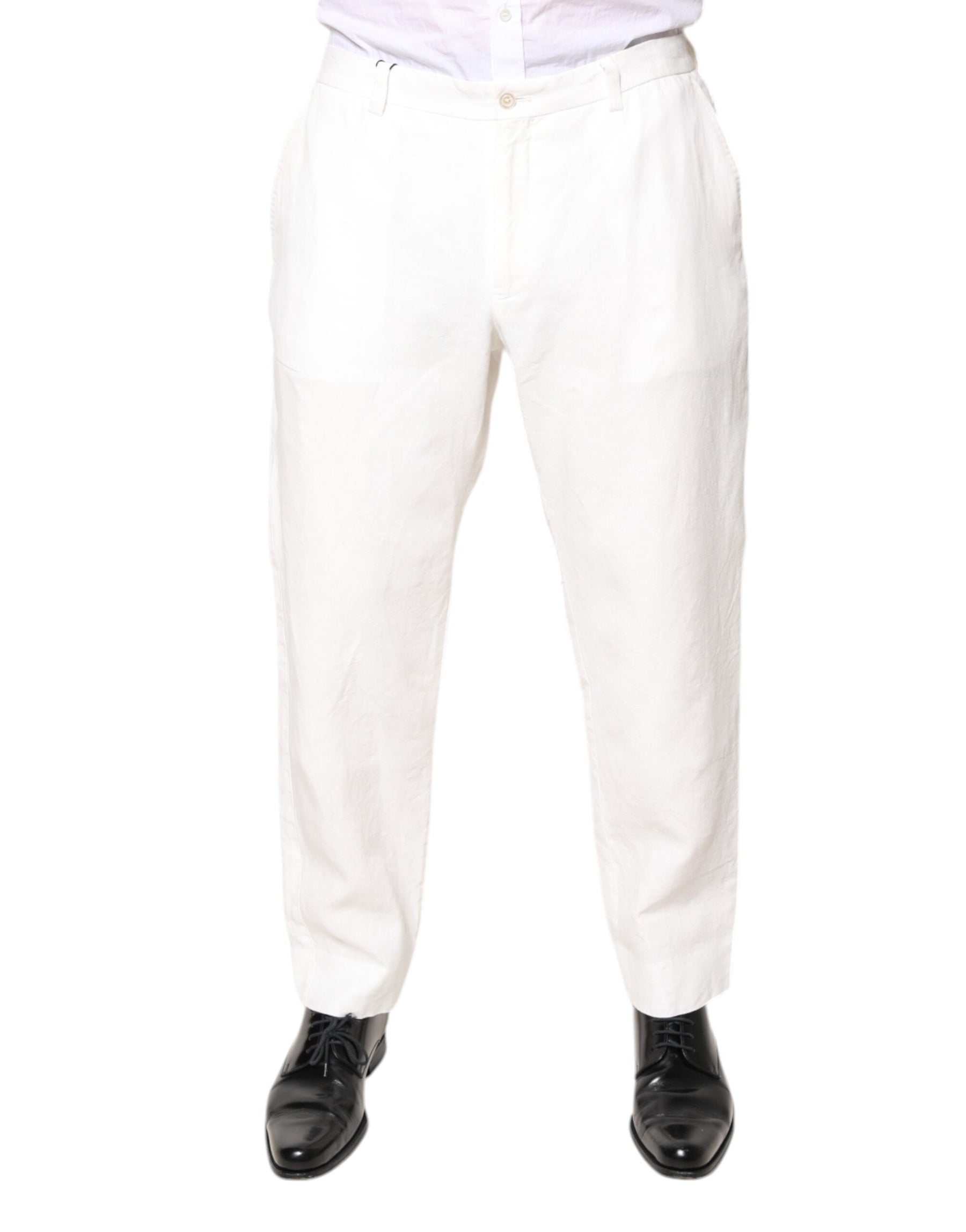 Dolce & Gabbana White Linen Mid Waist Men Dress Pants | Regal Royce