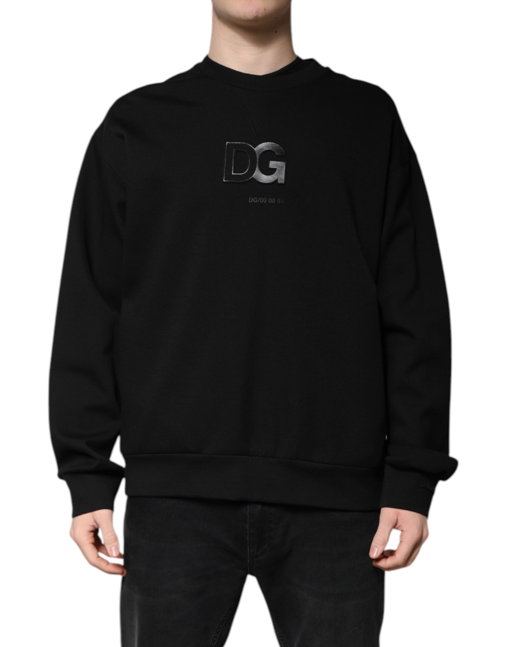 Dolce & Gabbana Black Cotton DG Crew Neck Pullover Sweater