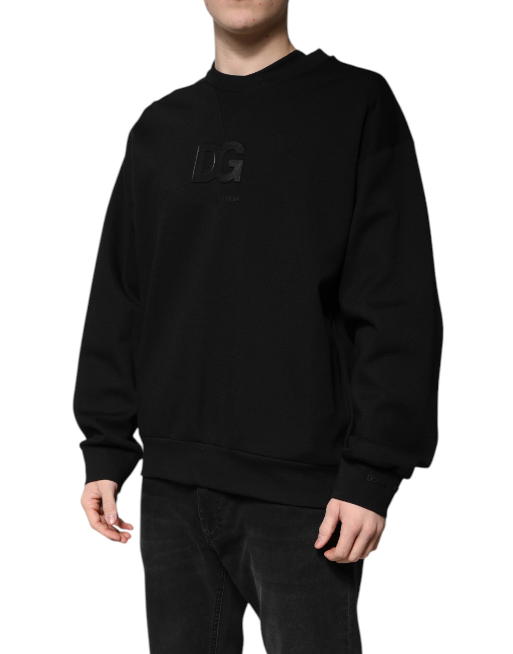Dolce & Gabbana Black Cotton DG Crew Neck Pullover Sweater | Regal Royce
