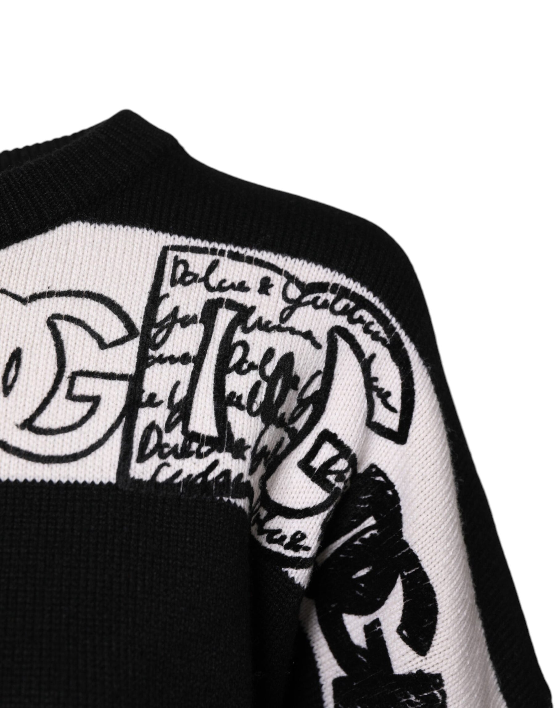 Dolce & Gabbana Black White Logo Print Wool Pullover Sweater | Regal Royce