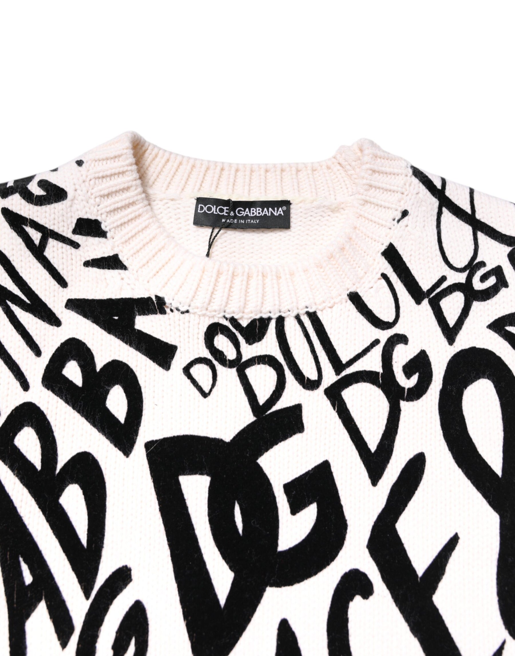 Dolce & Gabbana White Black Logo Print Women Pullover Sweater | Regal Royce