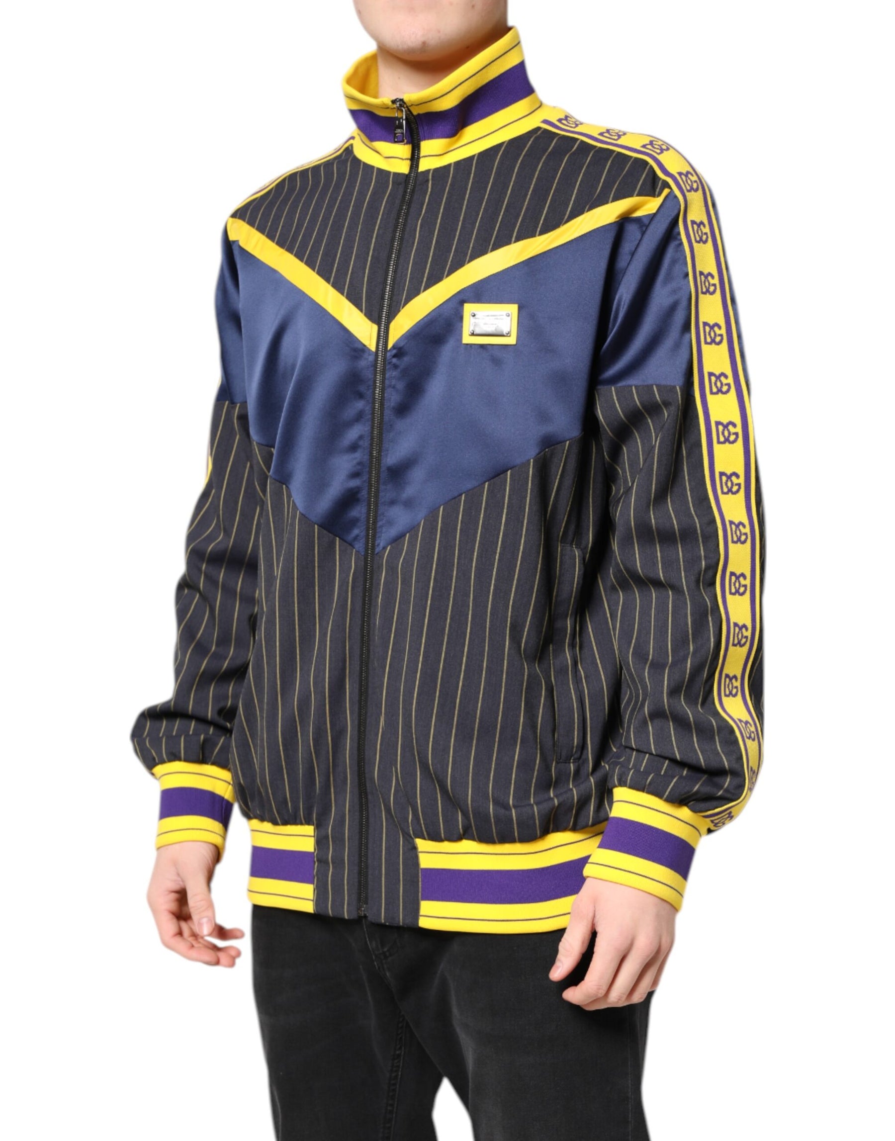 Dolce & Gabbana Black Striped Logo Full Zip Bomber Jacket | Regal Royce