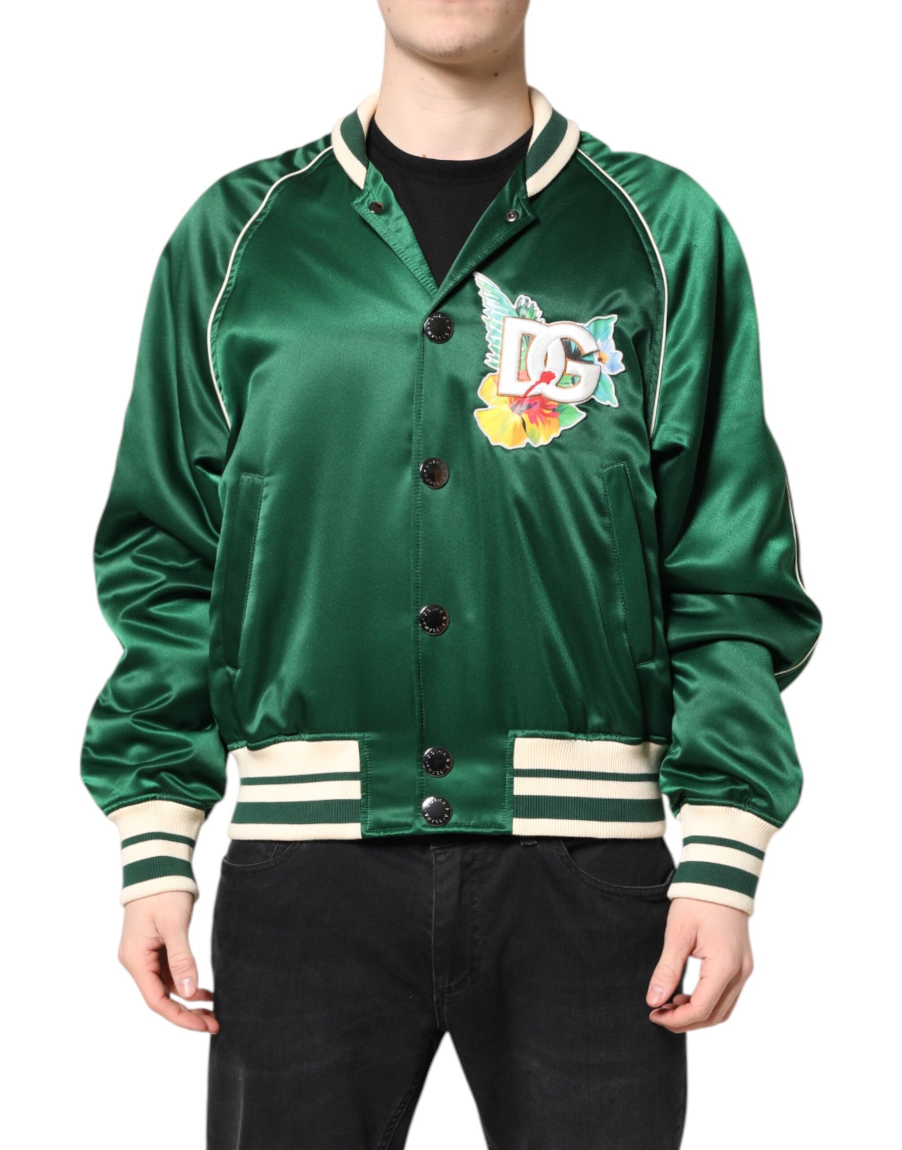 Dolce & Gabbana Green Floral DG Logo Full Zip Bomber Jacket | Regal Royce