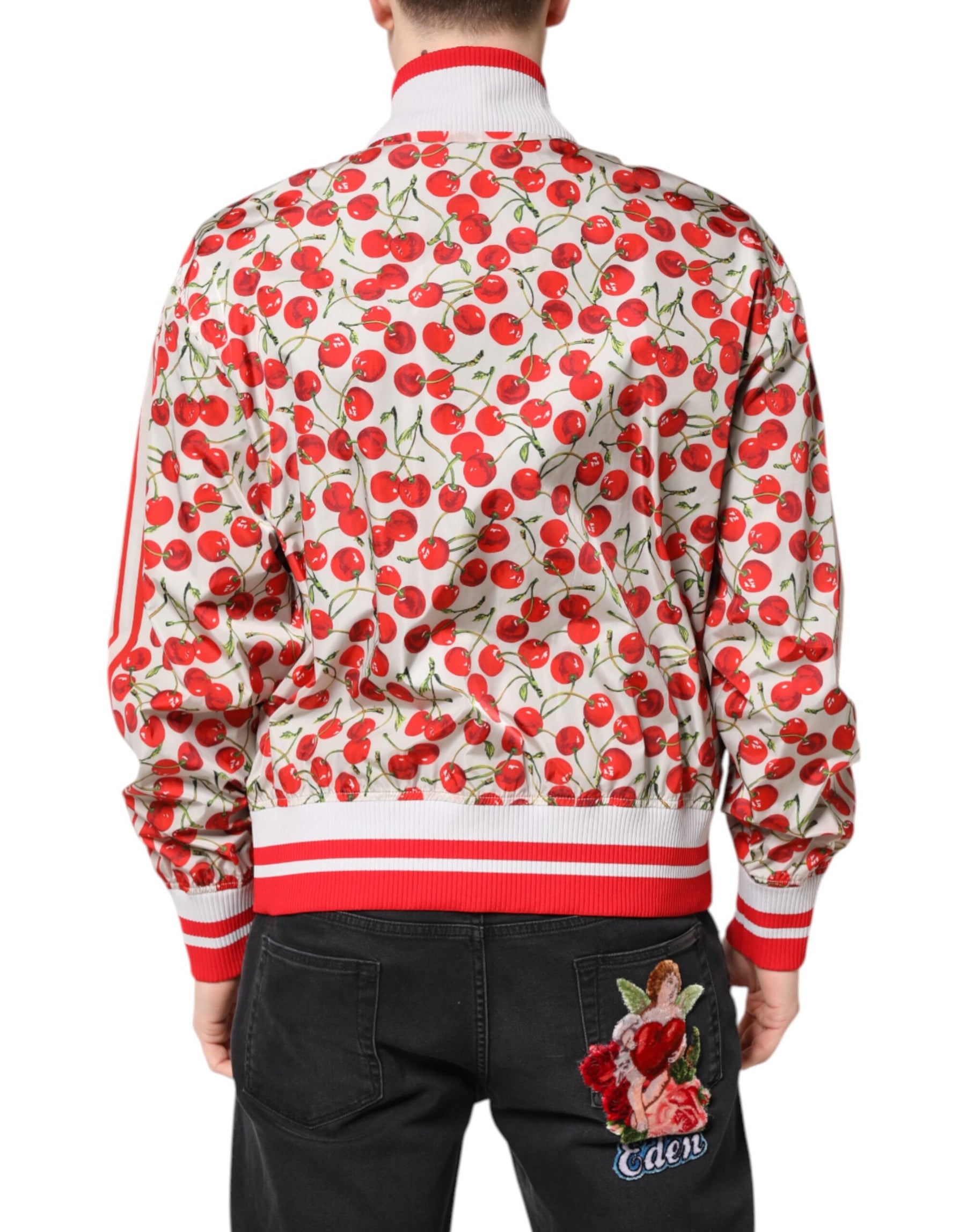Dolce & Gabbana White Cherry Print Full Zip Bomber Jacket | Regal Royce