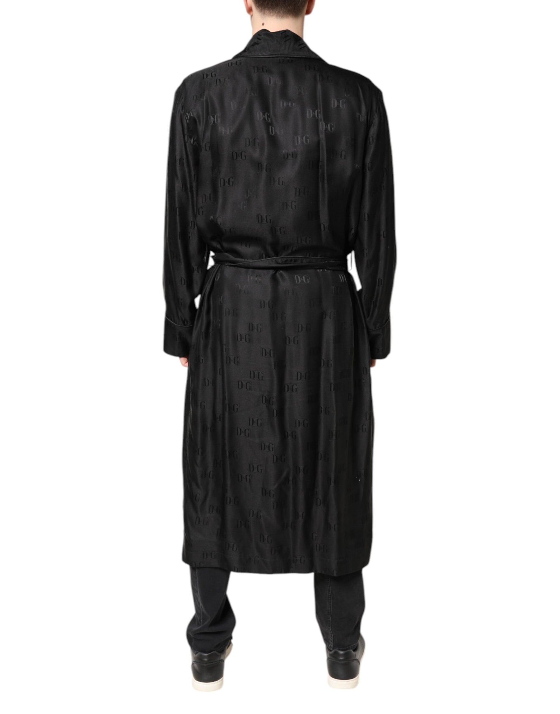 Dolce & Gabbana Black Silk DG Logo Men Wrap Robe Coat Jacket | Regal Royce