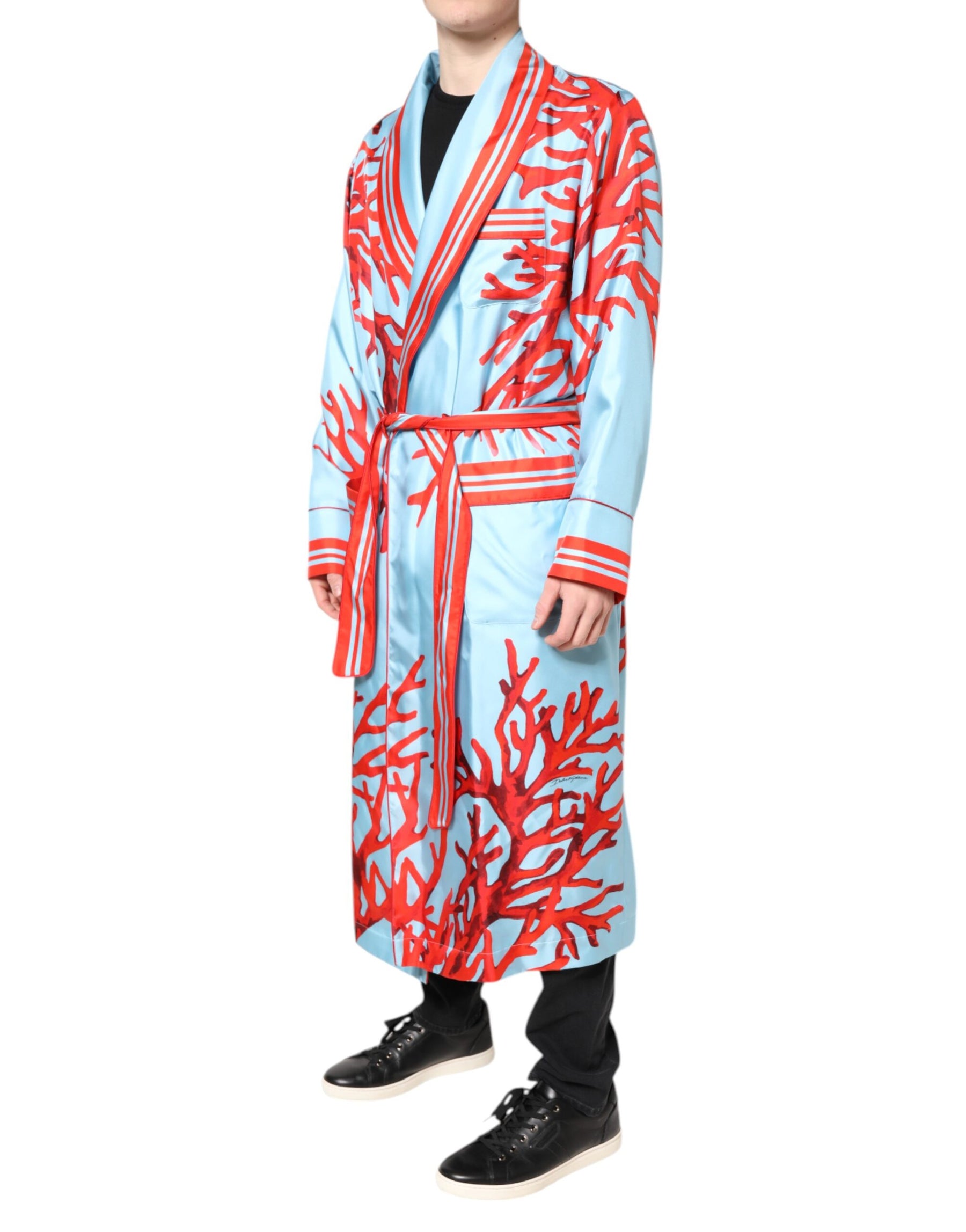 Dolce & Gabbana Blue Red Coral Print Wrap Robe Coat Jacket | Regal Royce