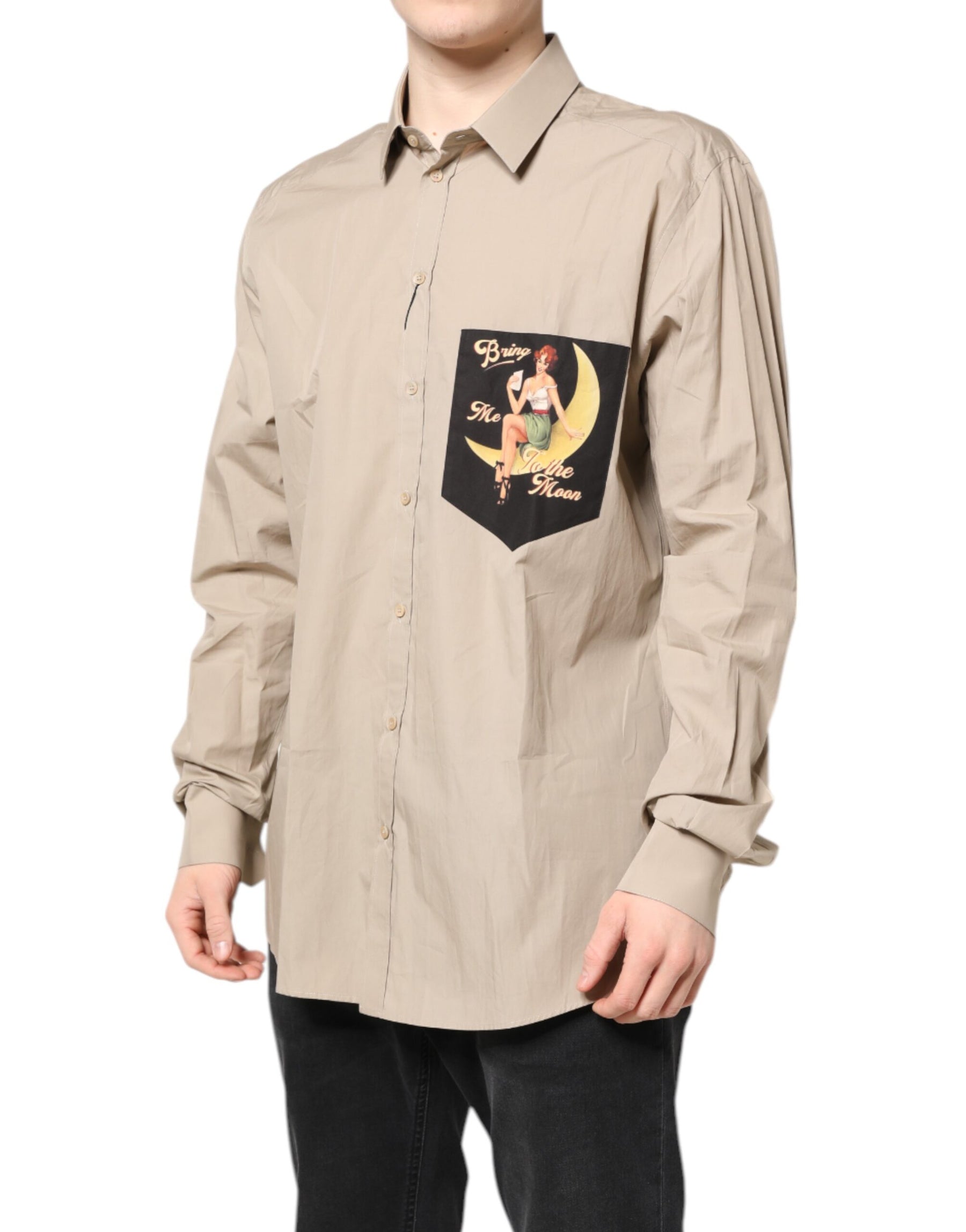 Dolce & Gabbana Beige Pin Up Print MARTINI Men Casual Shirt | Regal Royce