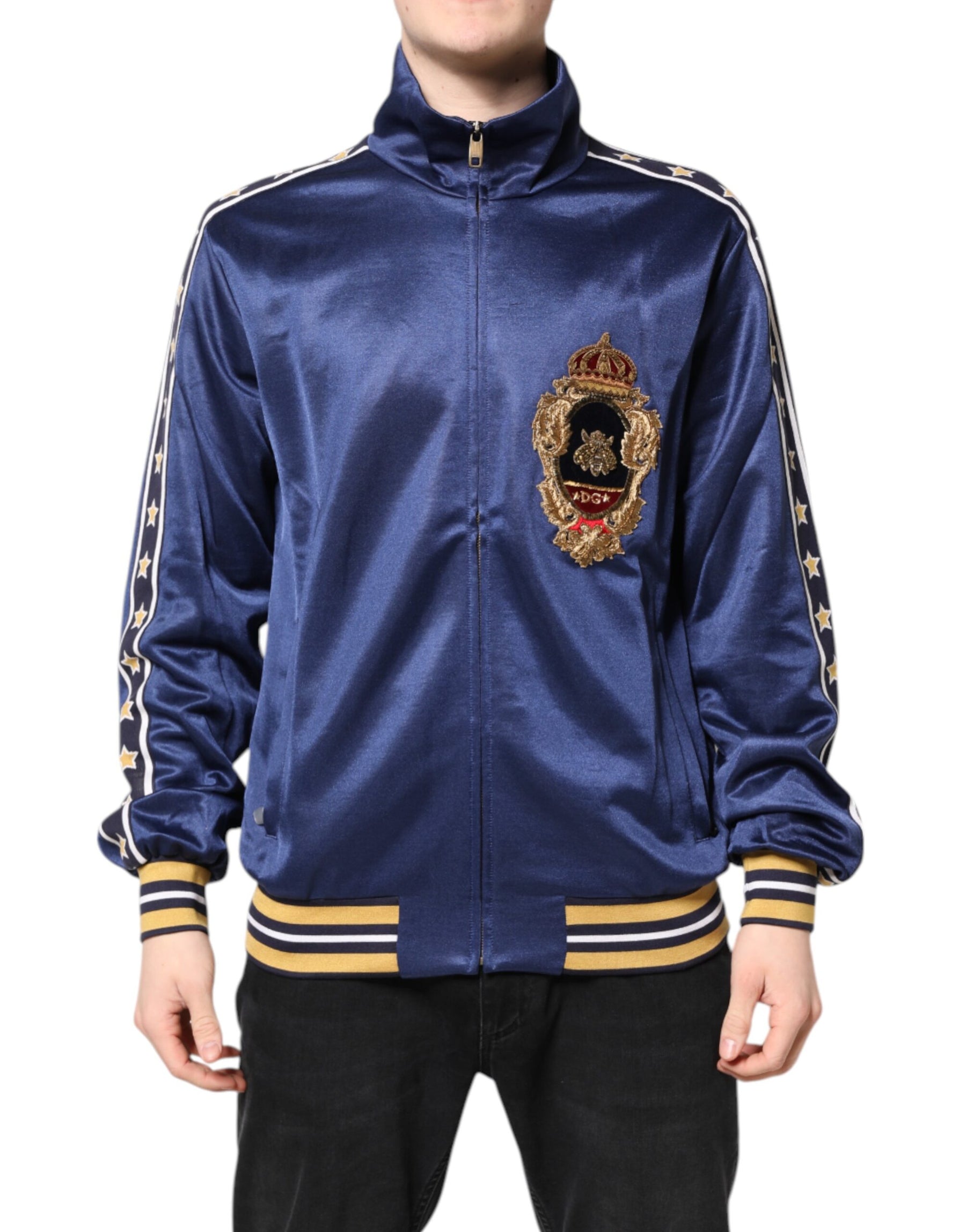 Dolce & Gabbana Blue Nylon Logo Patch Men Bomber Sweater | Regal Royce