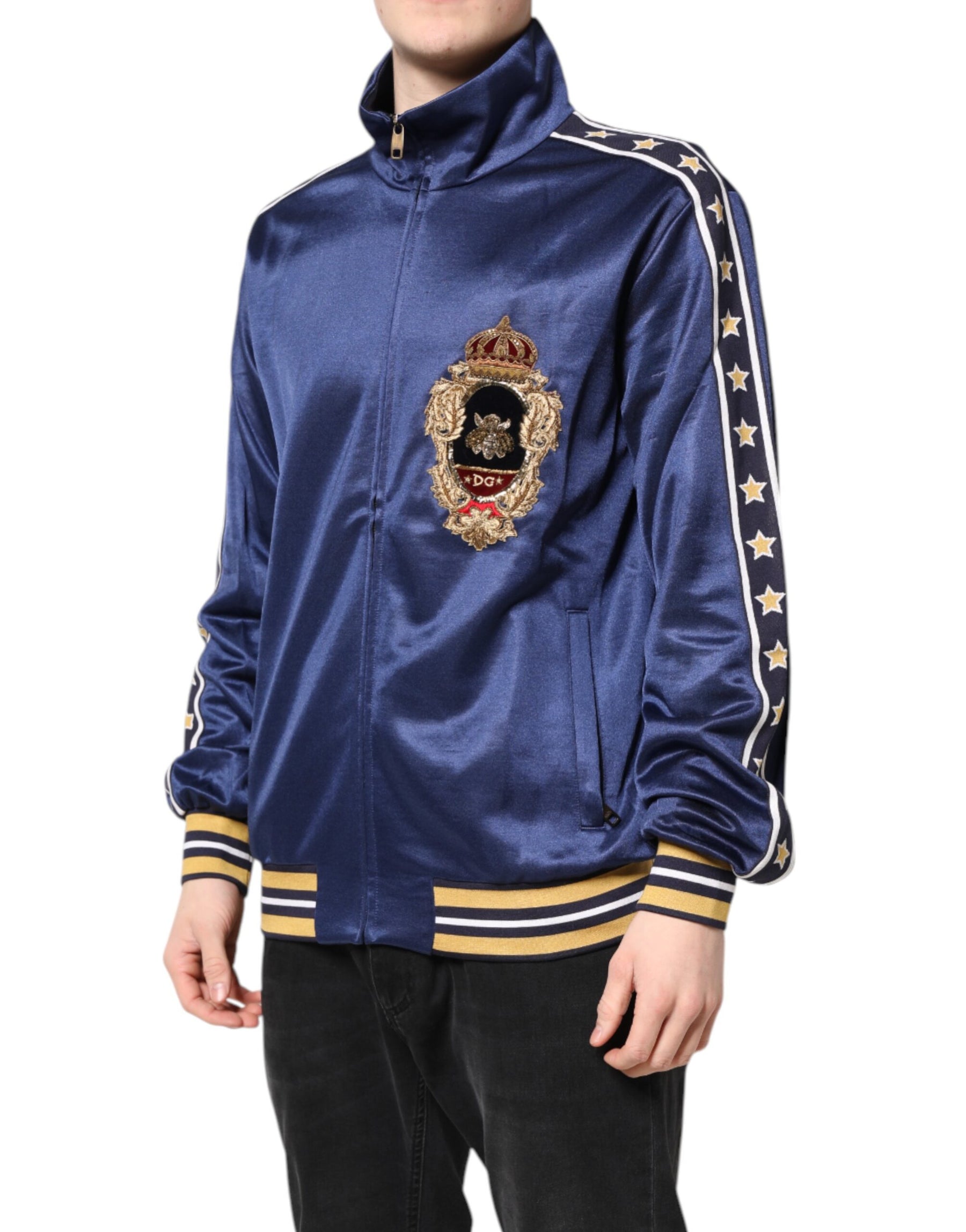 Dolce & Gabbana Blue Nylon Logo Patch Men Bomber Sweater | Regal Royce