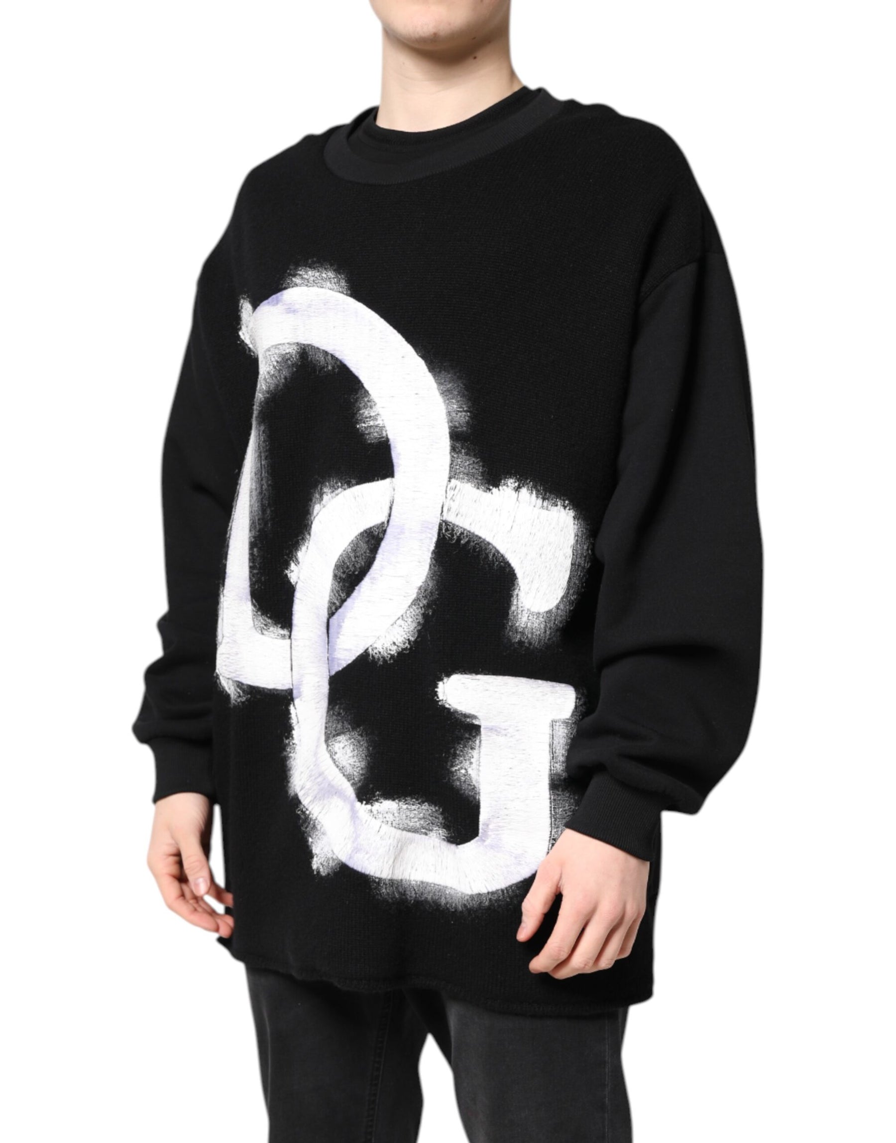 Dolce & Gabbana Black Cotton Logo Print Men Pullover Sweater | Regal Royce